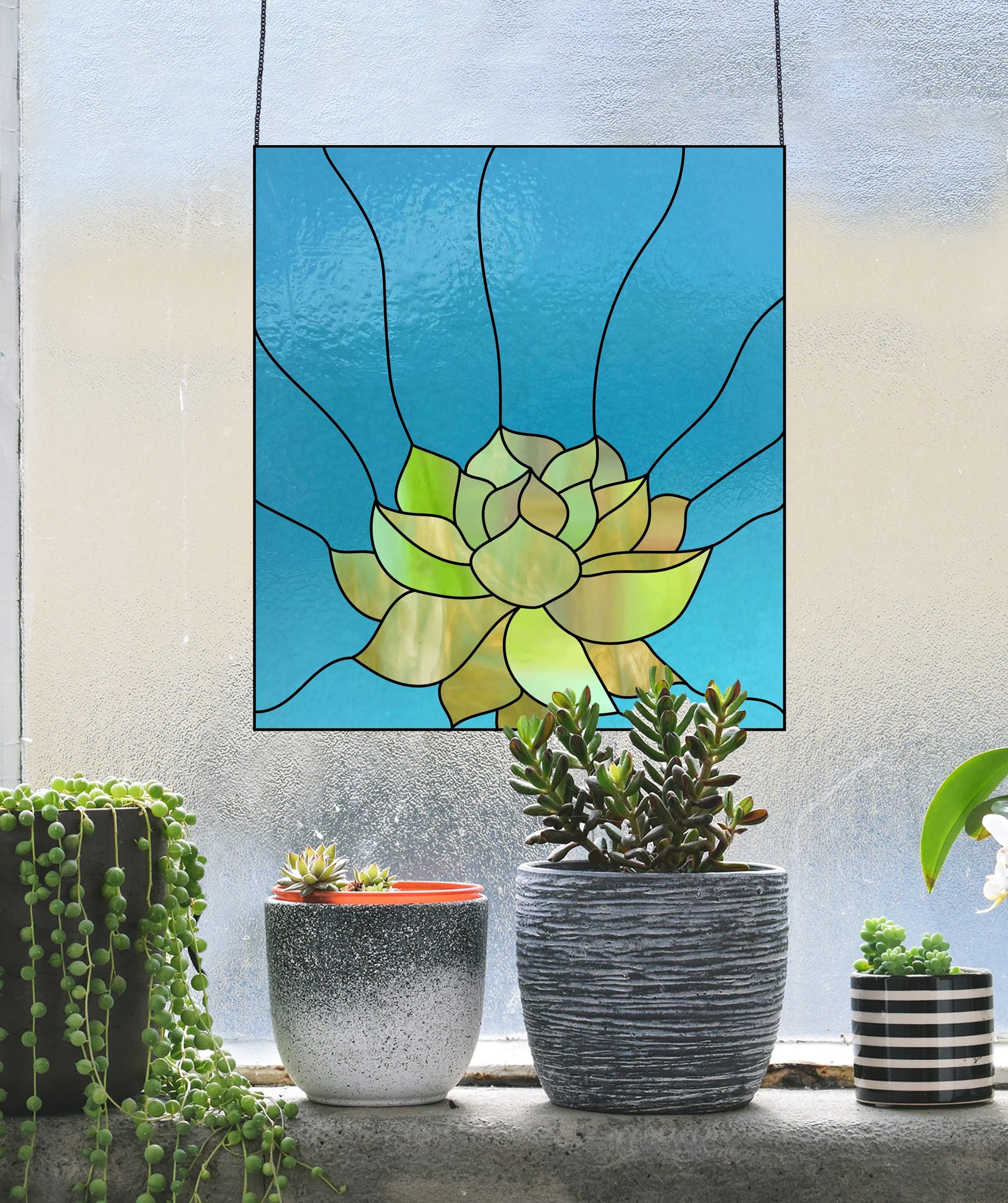 The Stained Glass Succulent Panel Pattern, featuring a yellow-green succulent design on a blue backdrop, elegantly hangs before a textured window. Below it, three potted plants—hanging, variegated, and striped pot—thrive on the sill. Perfect for creating digital patterns with commercial license potential.