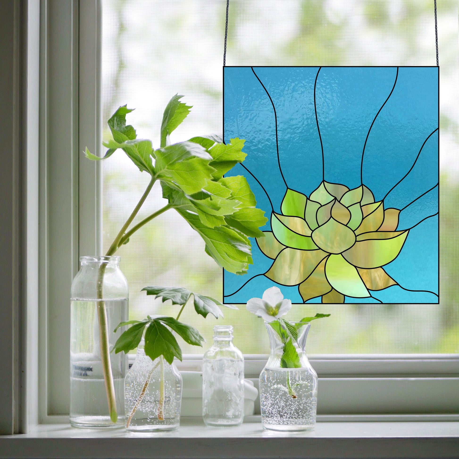 A window display features three small glass vases with green leafy stems and a white flower. In front, the vivid blue background of the Stained Glass Succulent Panel Pattern beautifully enhances their design as it hangs against a mesh screen.