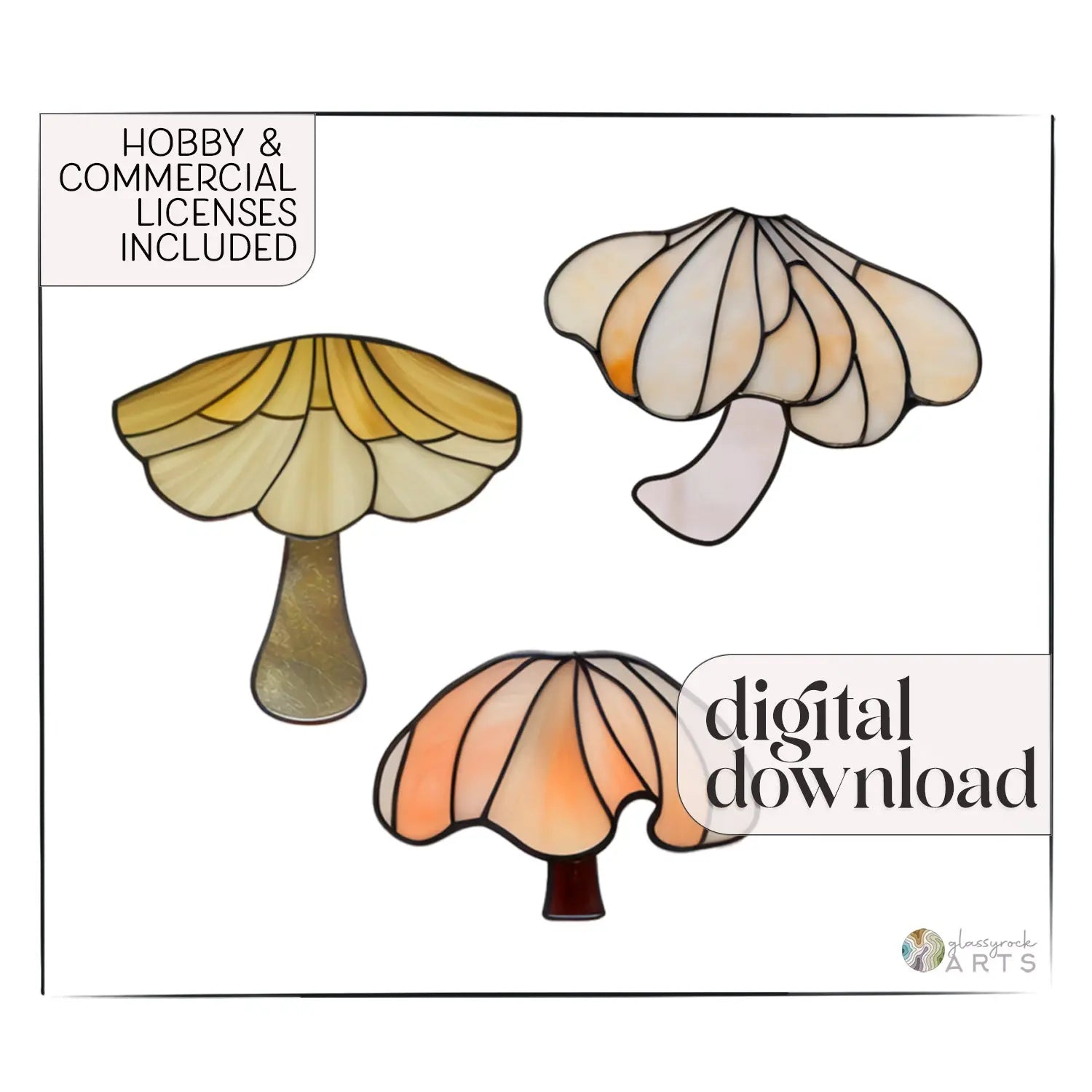 A digital illustration of Elegant Mushroom Stained Glass features three designs in warm yellow, orange, and brown hues on a white background. Text: Hobby & Commercial Licenses Included and digital download in black—ideal for crafting unique mushroom ornaments.