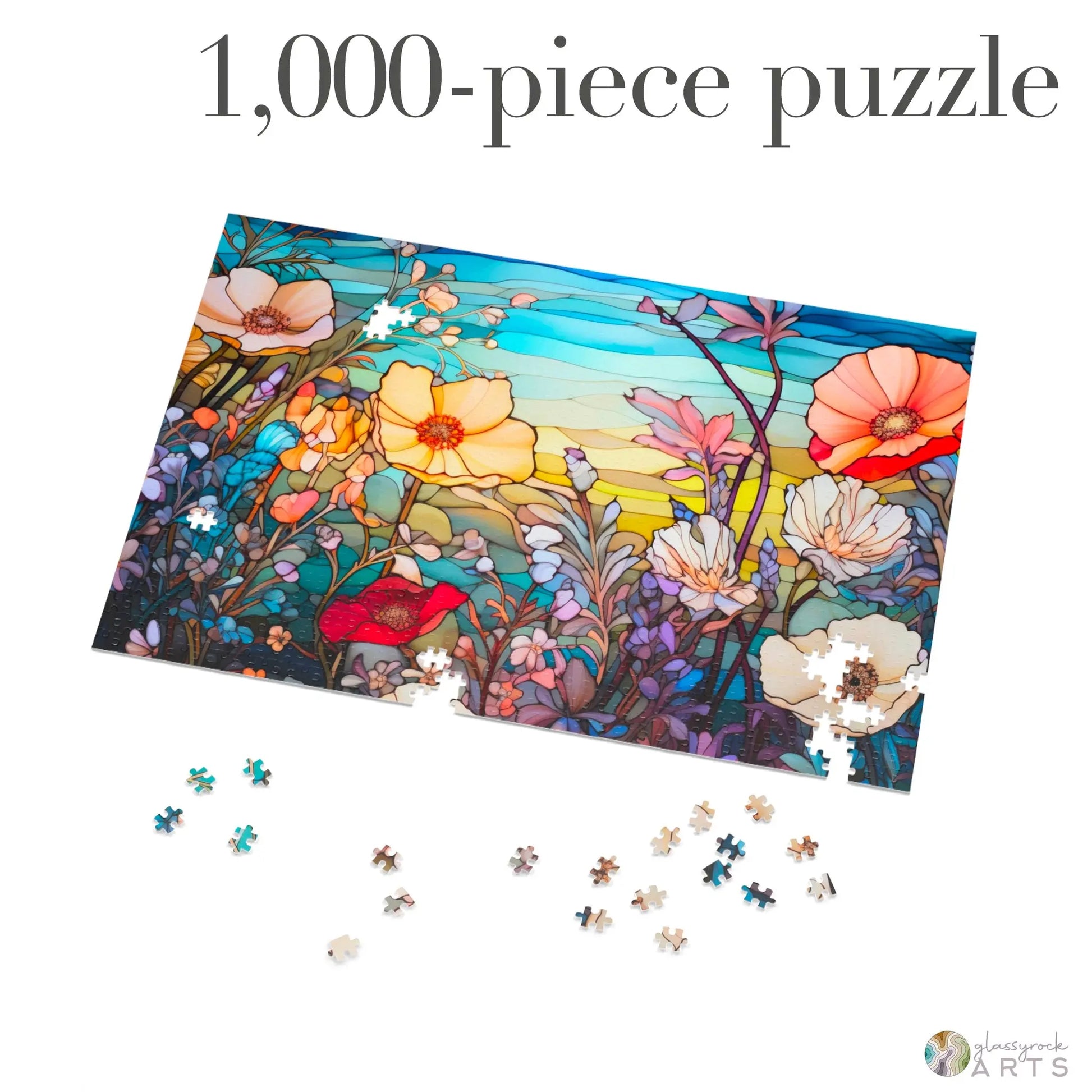 A picture of the Stained Glass Flowers Jigsaw Puzzle - Rainbow from GlassyRock Arts.