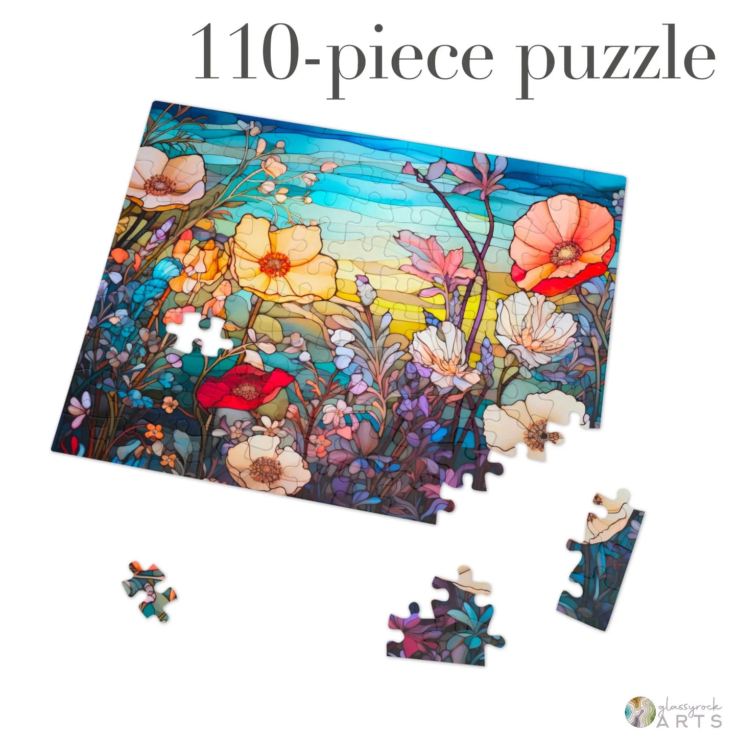 A picture of the Stained Glass Flowers Jigsaw Puzzle - Rainbow from GlassyRock Arts.