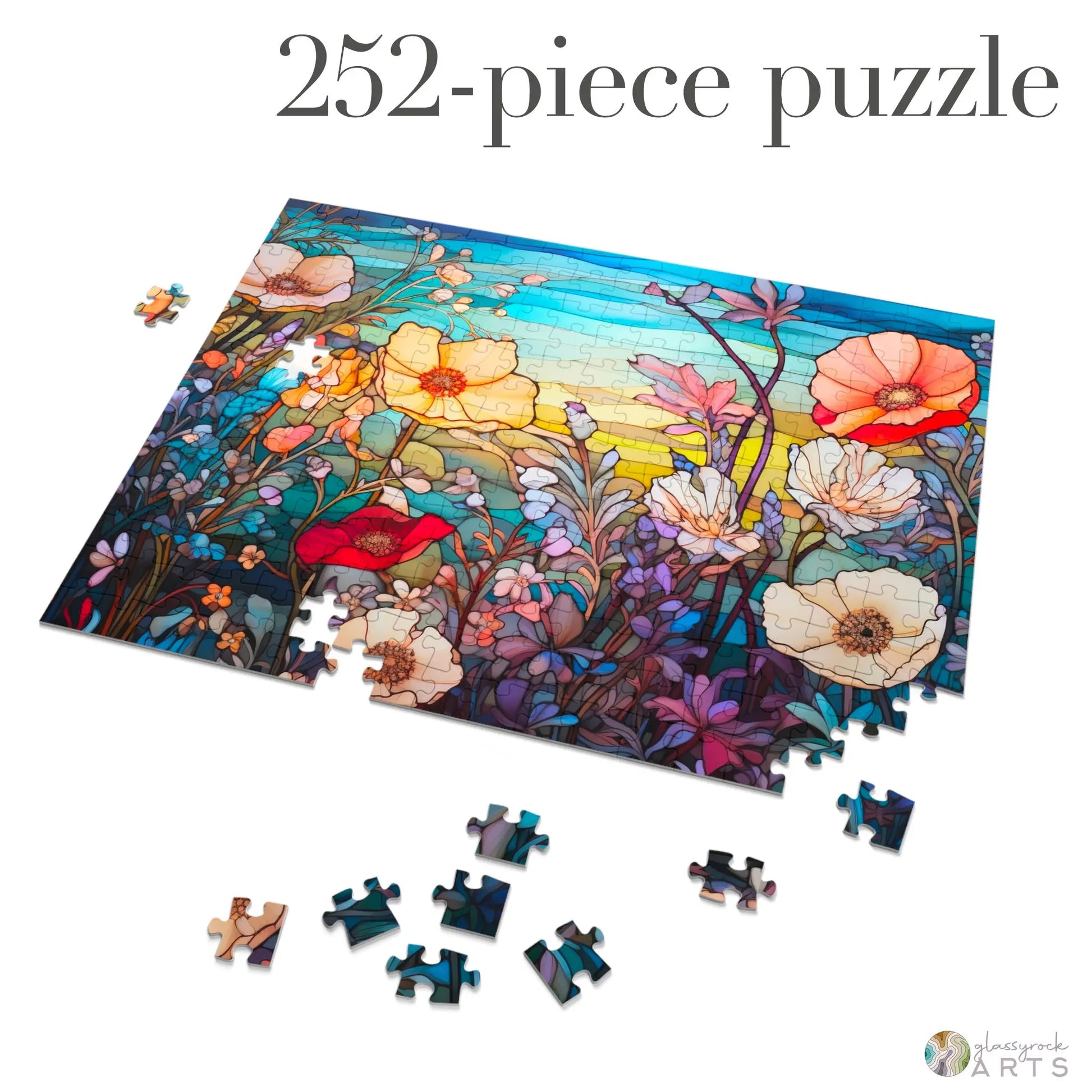 A picture of the Stained Glass Flowers Jigsaw Puzzle - Rainbow from GlassyRock Arts.