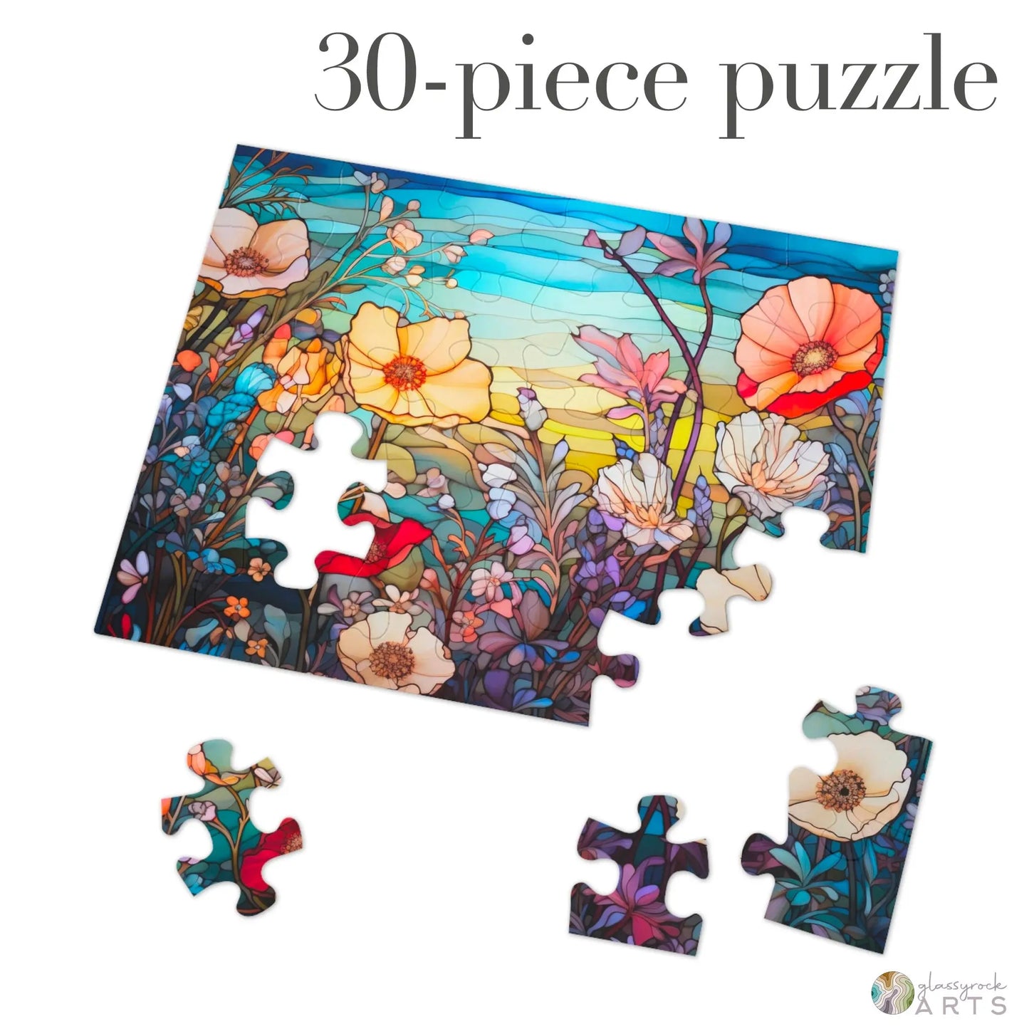 A picture of the Stained Glass Flowers Jigsaw Puzzle - Rainbow from GlassyRock Arts.