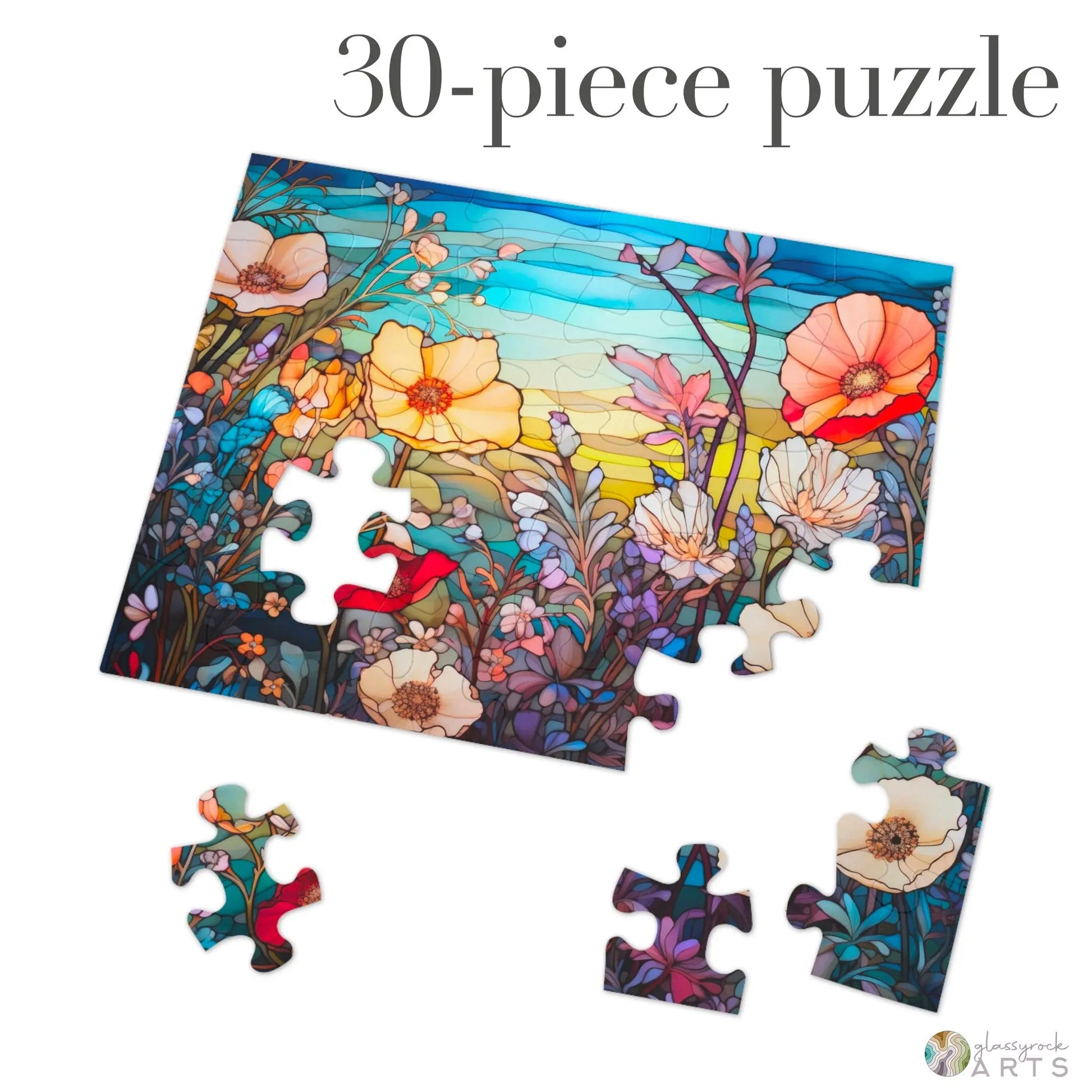 A picture of the Stained Glass Flowers Jigsaw Puzzle - Rainbow from GlassyRock Arts.