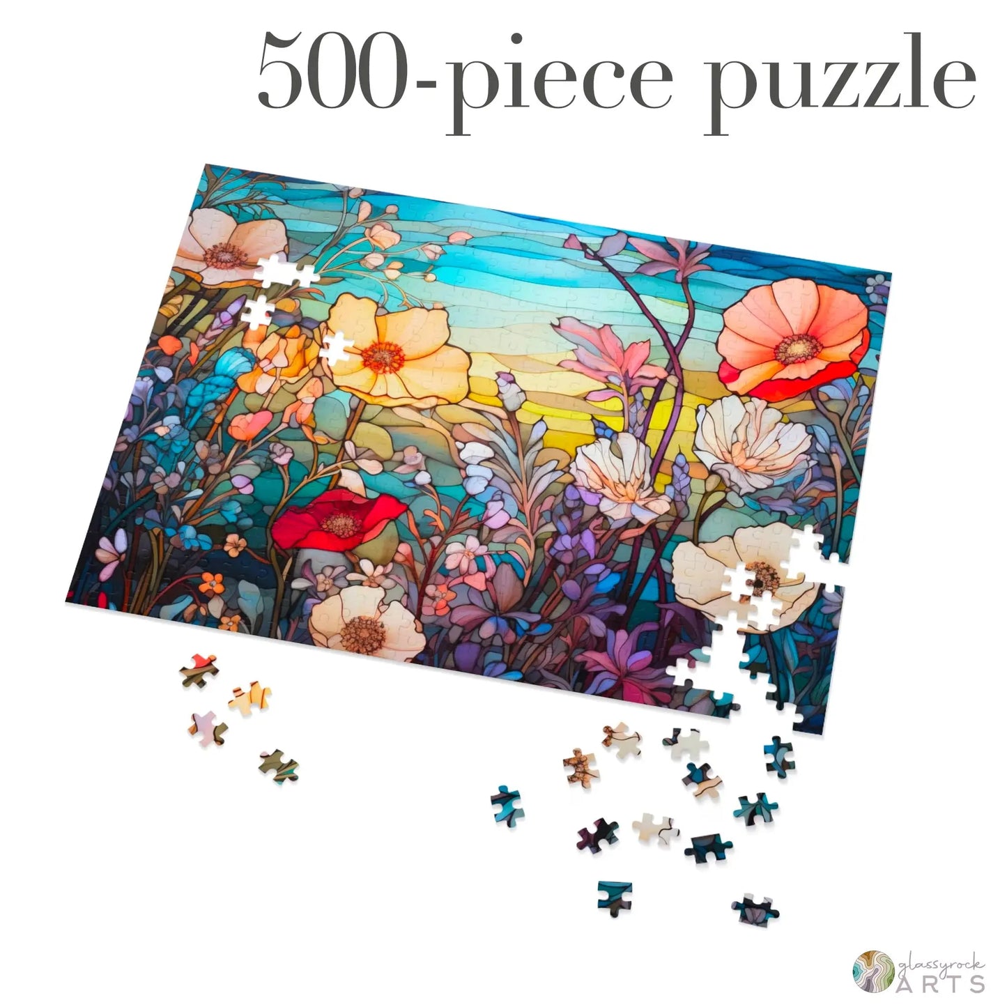 A picture of the Stained Glass Flowers Jigsaw Puzzle - Rainbow from GlassyRock Arts.
