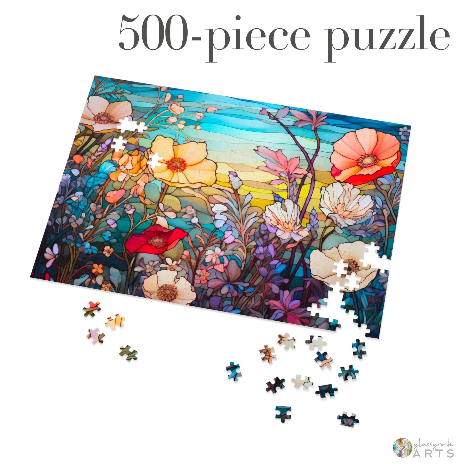 A picture of the Stained Glass Flowers Jigsaw Puzzle - Rainbow from GlassyRock Arts.