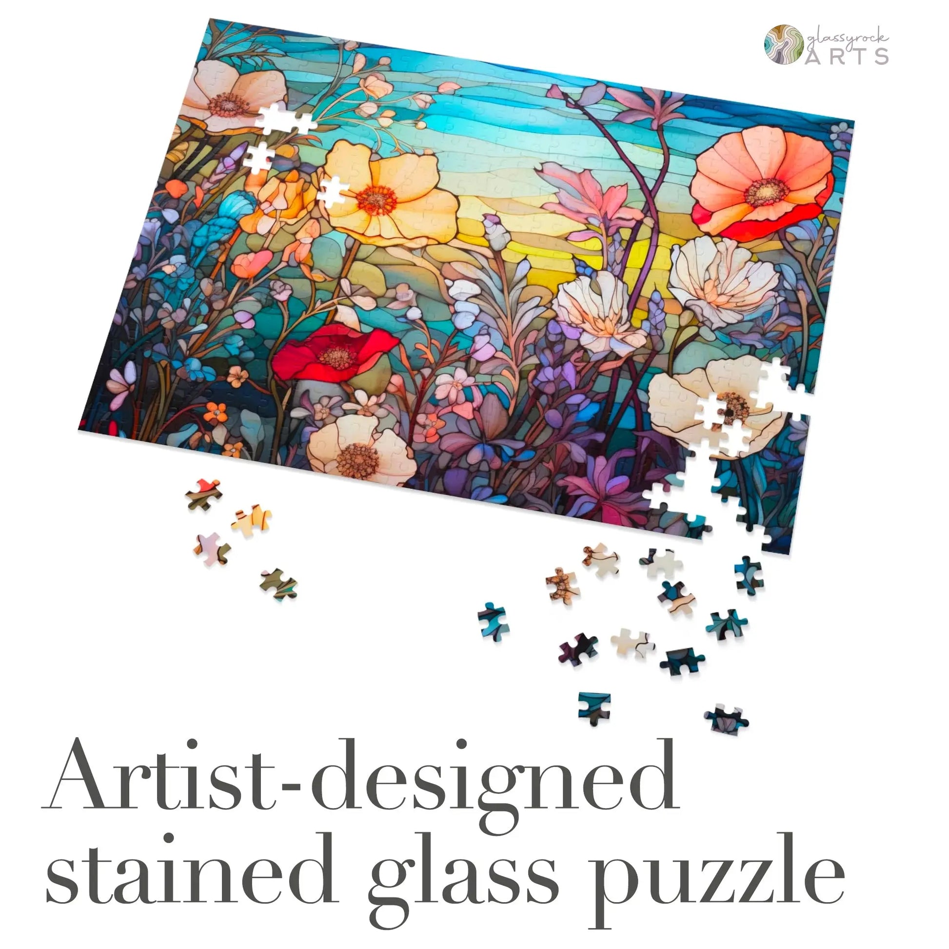 A picture of the Stained Glass Flowers Jigsaw Puzzle - Rainbow from GlassyRock Arts.