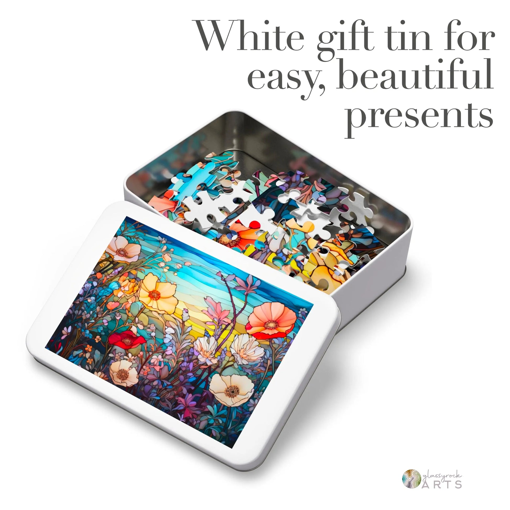 A picture of the Stained Glass Flowers Jigsaw Puzzle - Rainbow from GlassyRock Arts.