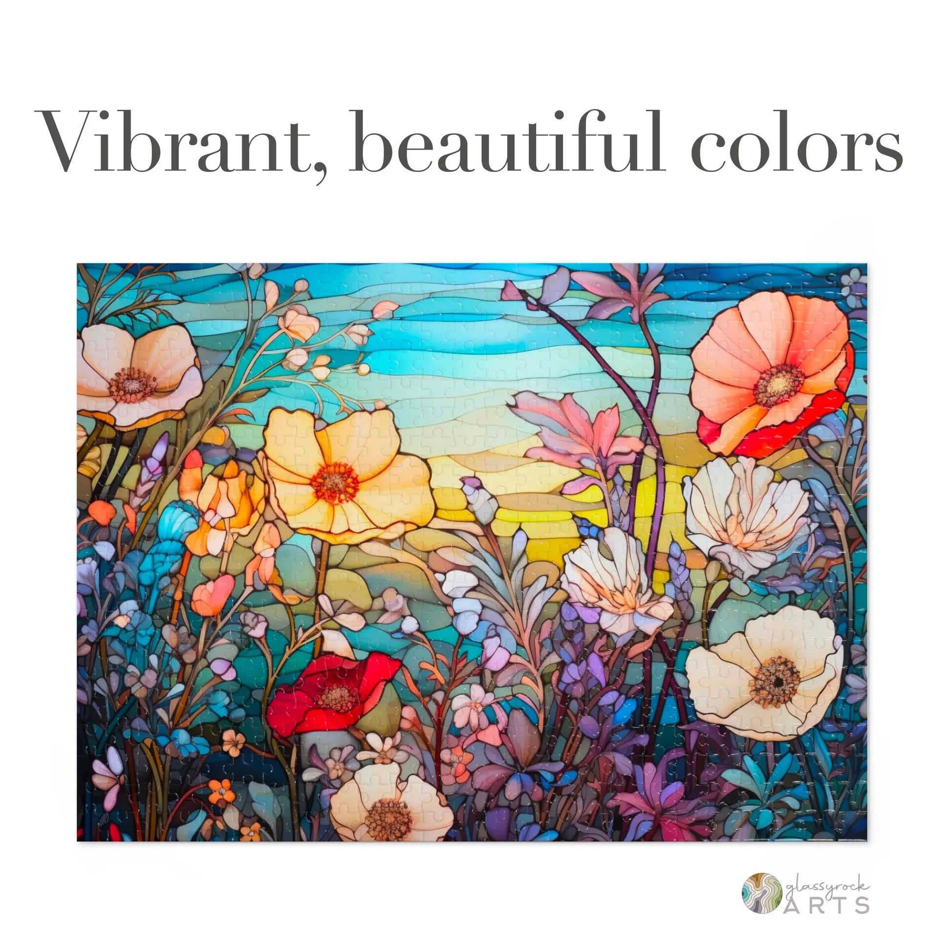 A picture of the Stained Glass Flowers Jigsaw Puzzle - Rainbow from GlassyRock Arts.