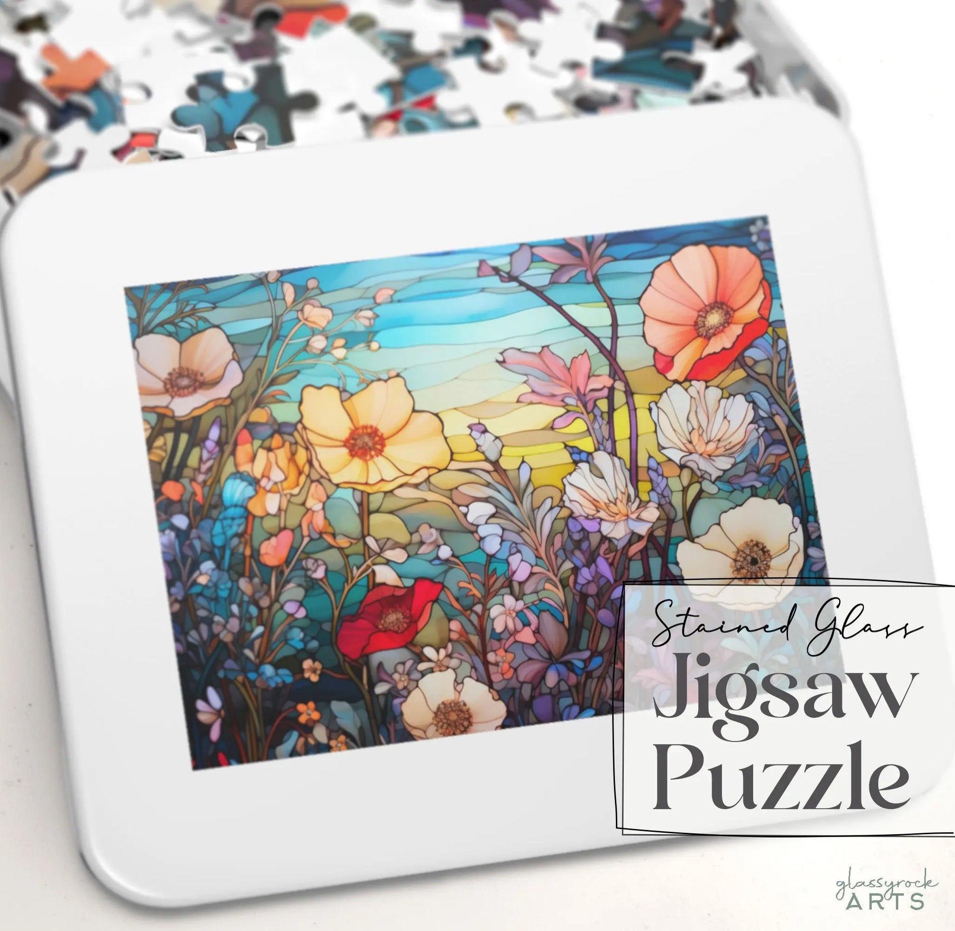 A picture of the Stained Glass Flowers Jigsaw Puzzle - Rainbow from GlassyRock Arts.