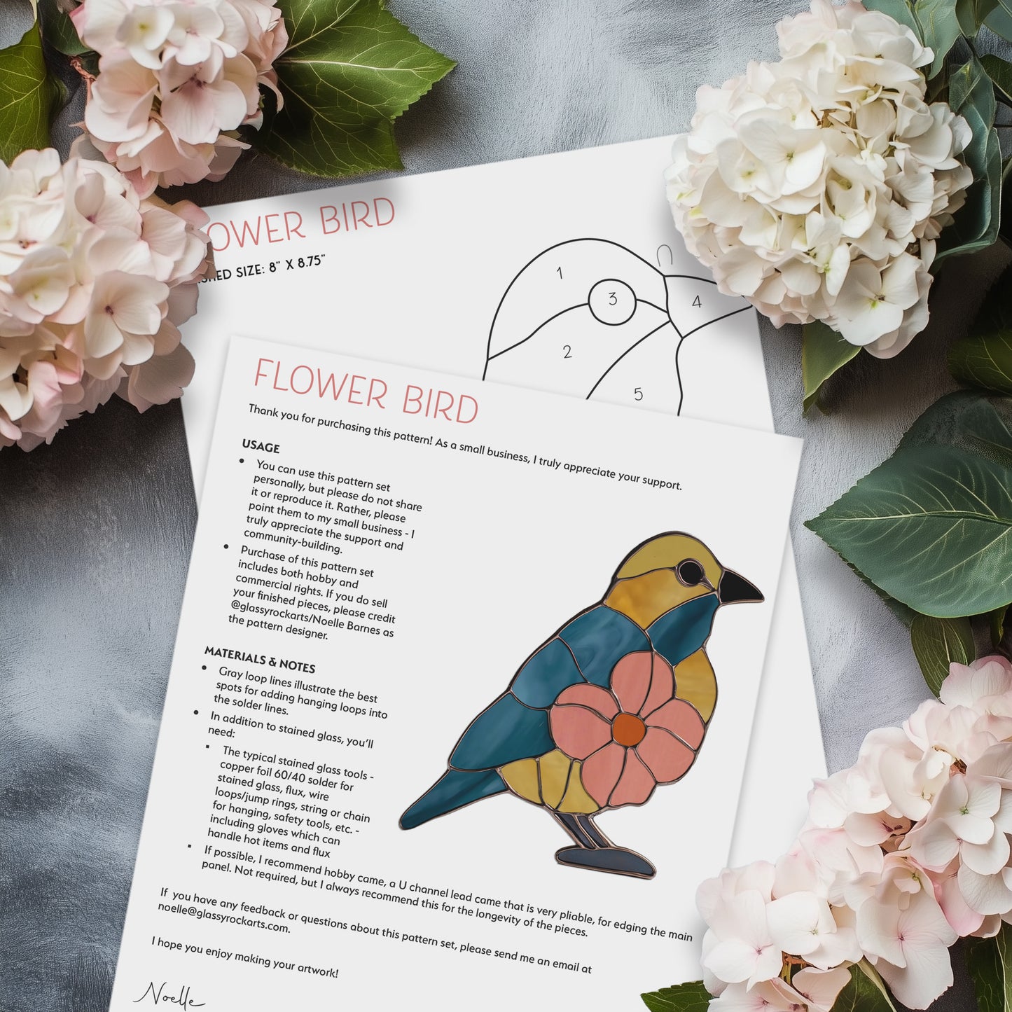 Flower Bird Stained Glass Pattern and PNG