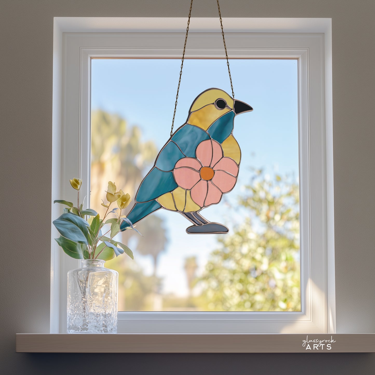 Flower Bird Stained Glass Pattern and PNG