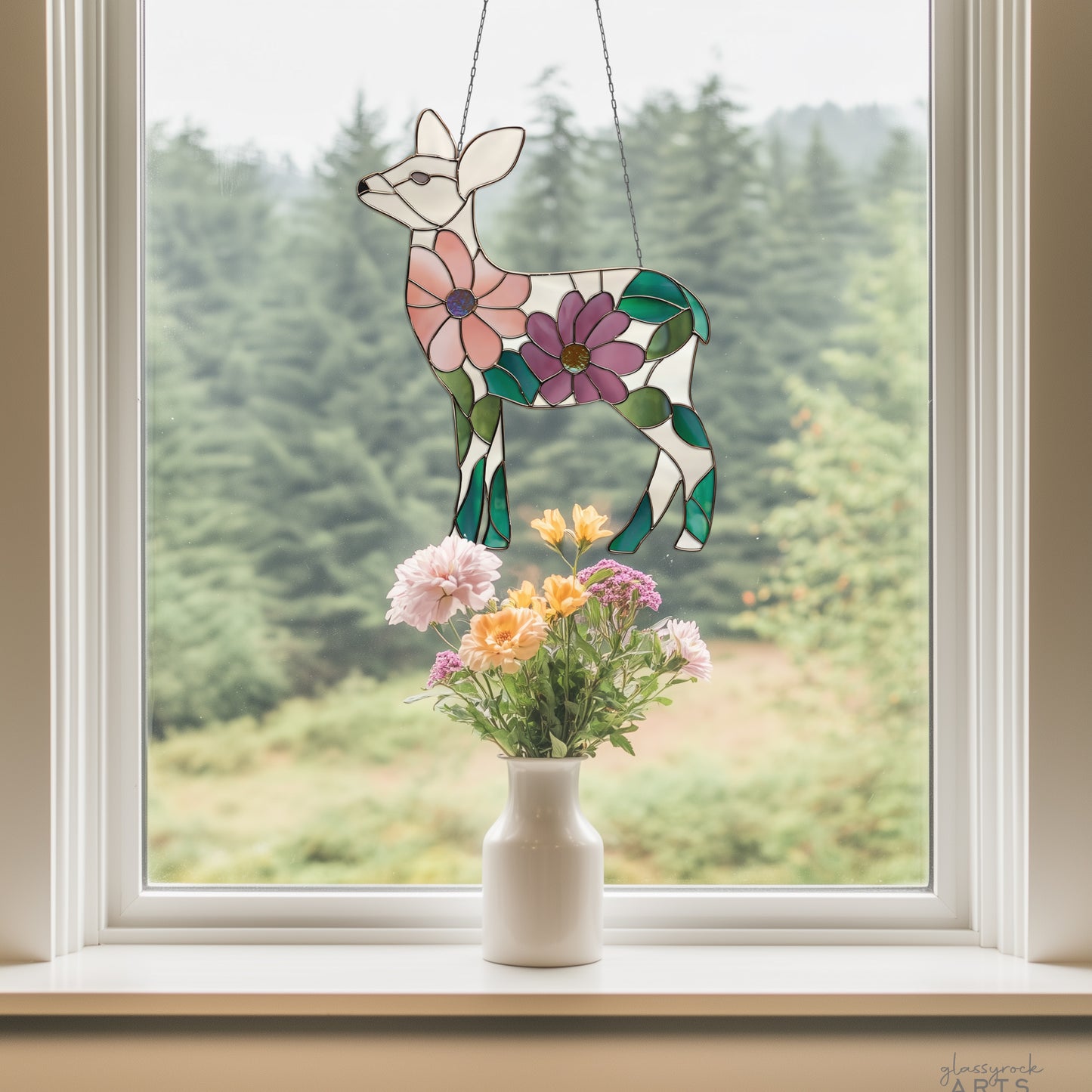 Flower Deer Stained Glass Pattern and PNG