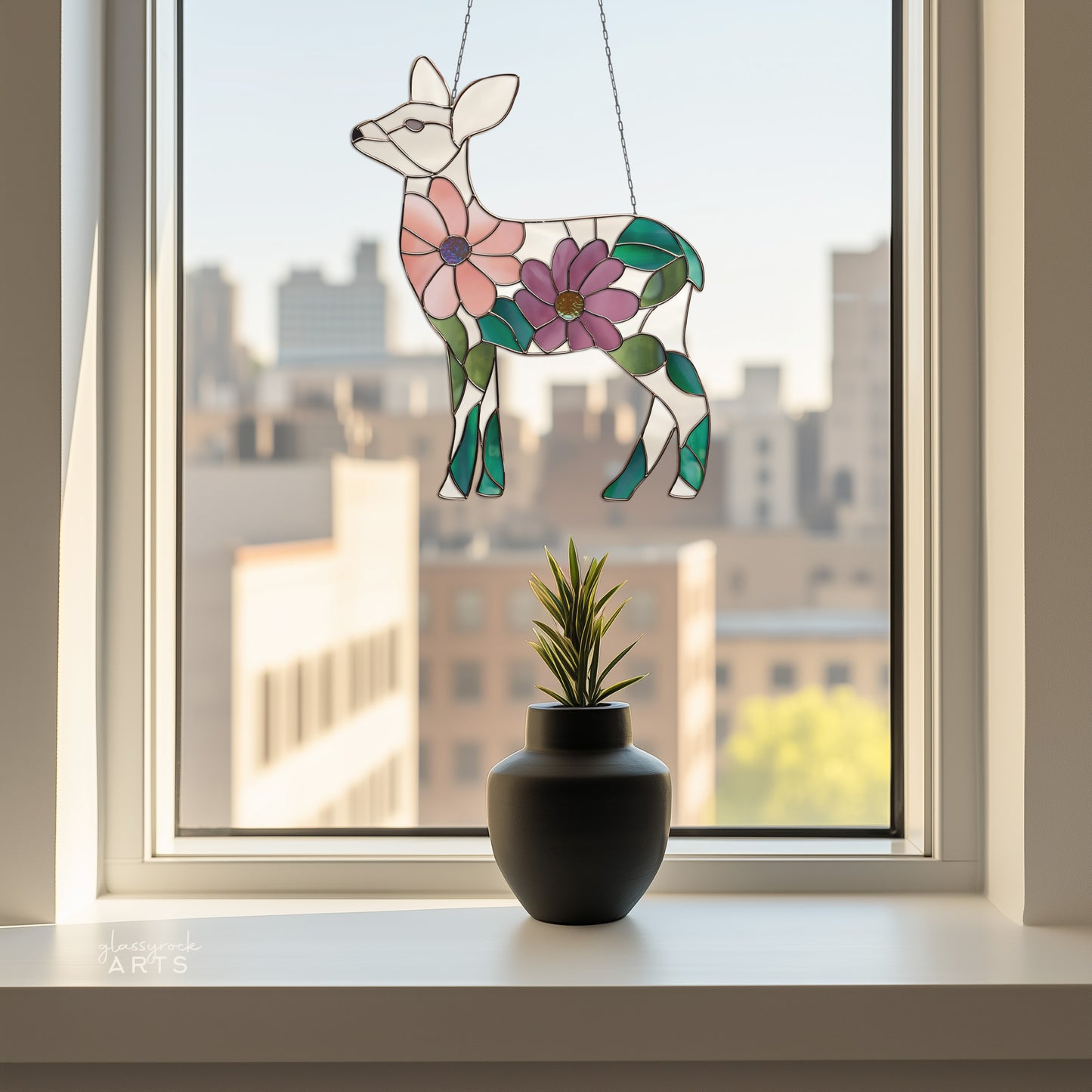 Flower Deer Stained Glass Pattern and PNG