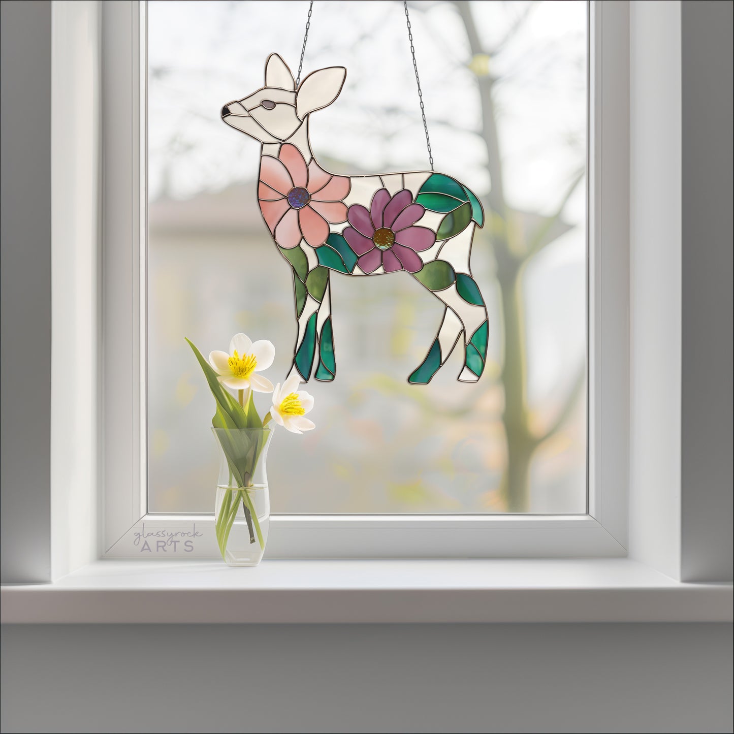 Flower Deer Stained Glass Pattern and PNG