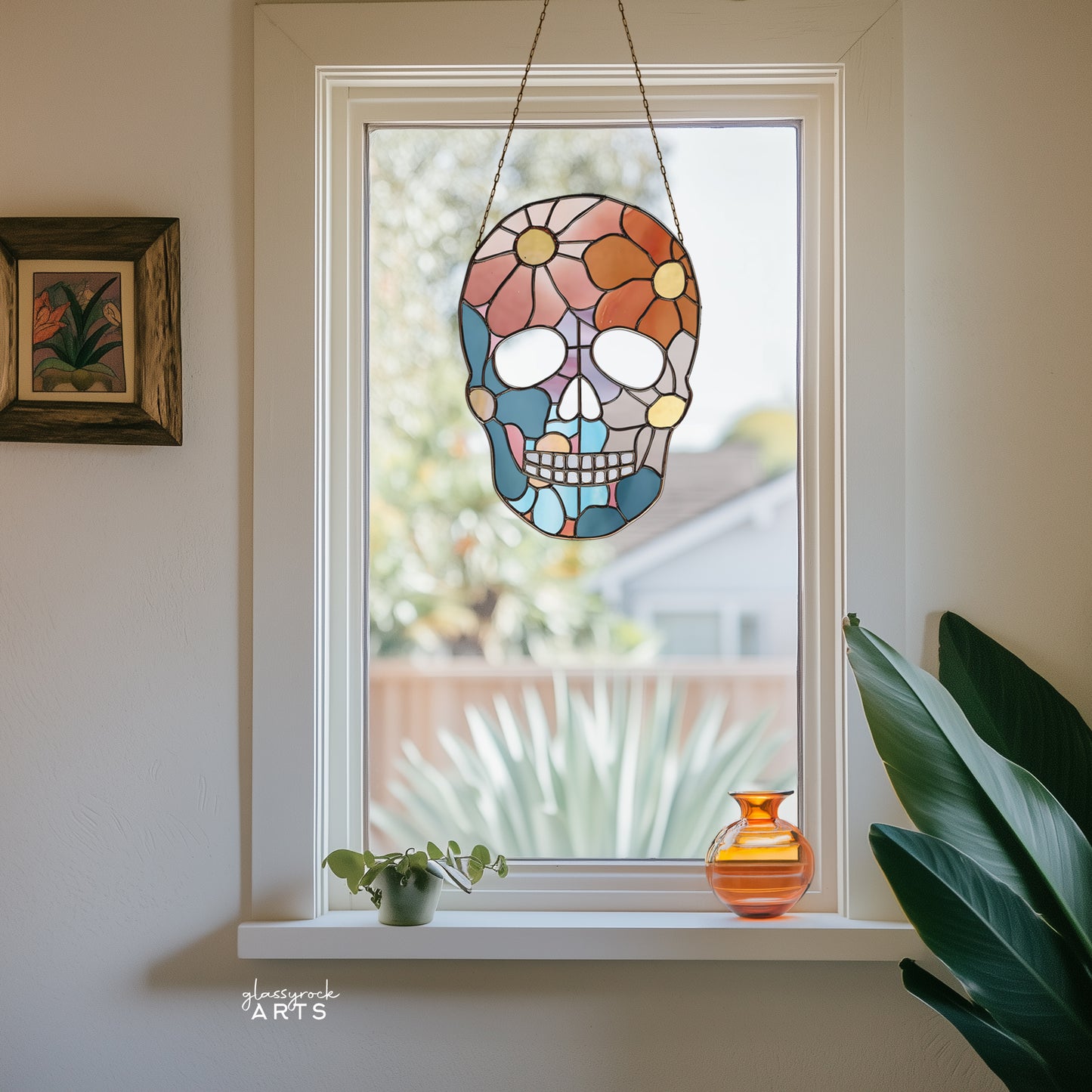 Flower Skull Stained Glass Pattern and PNG
