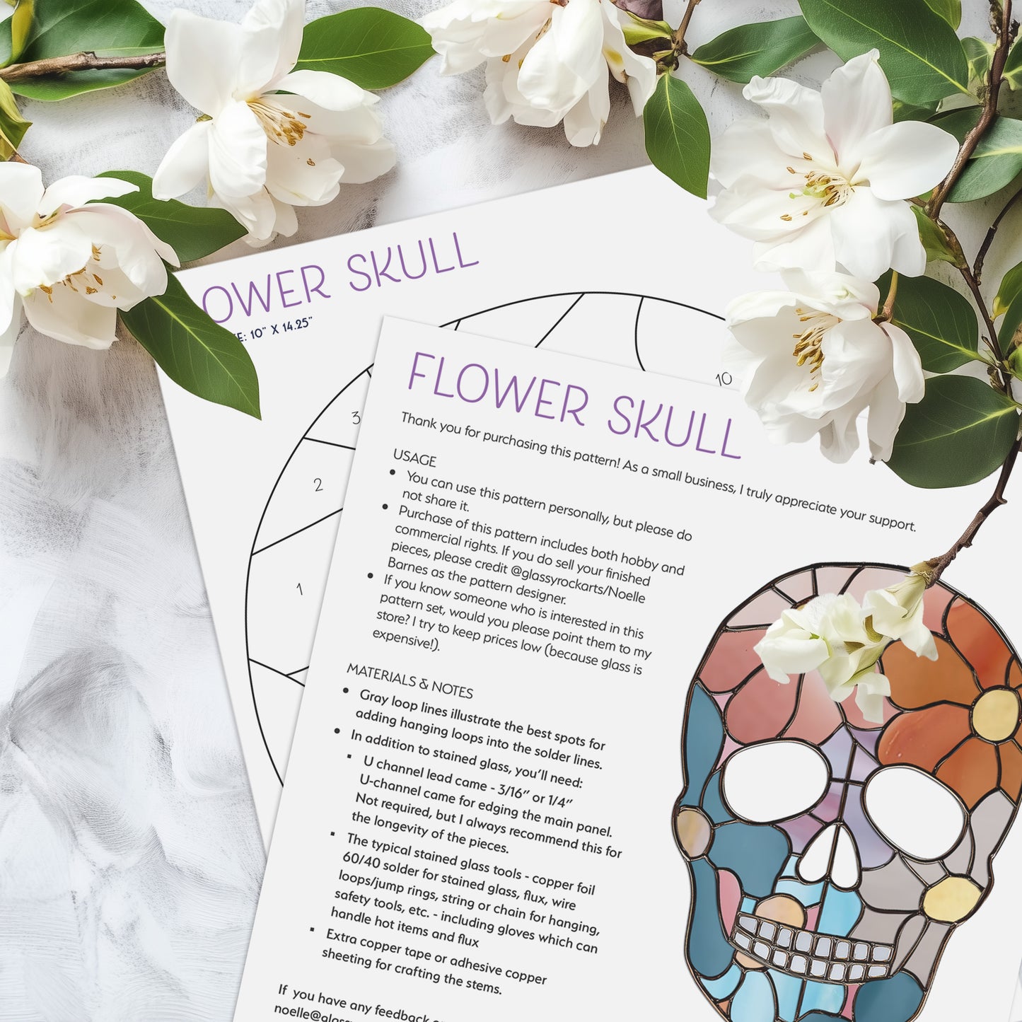 Flower Skull Stained Glass Pattern and PNG