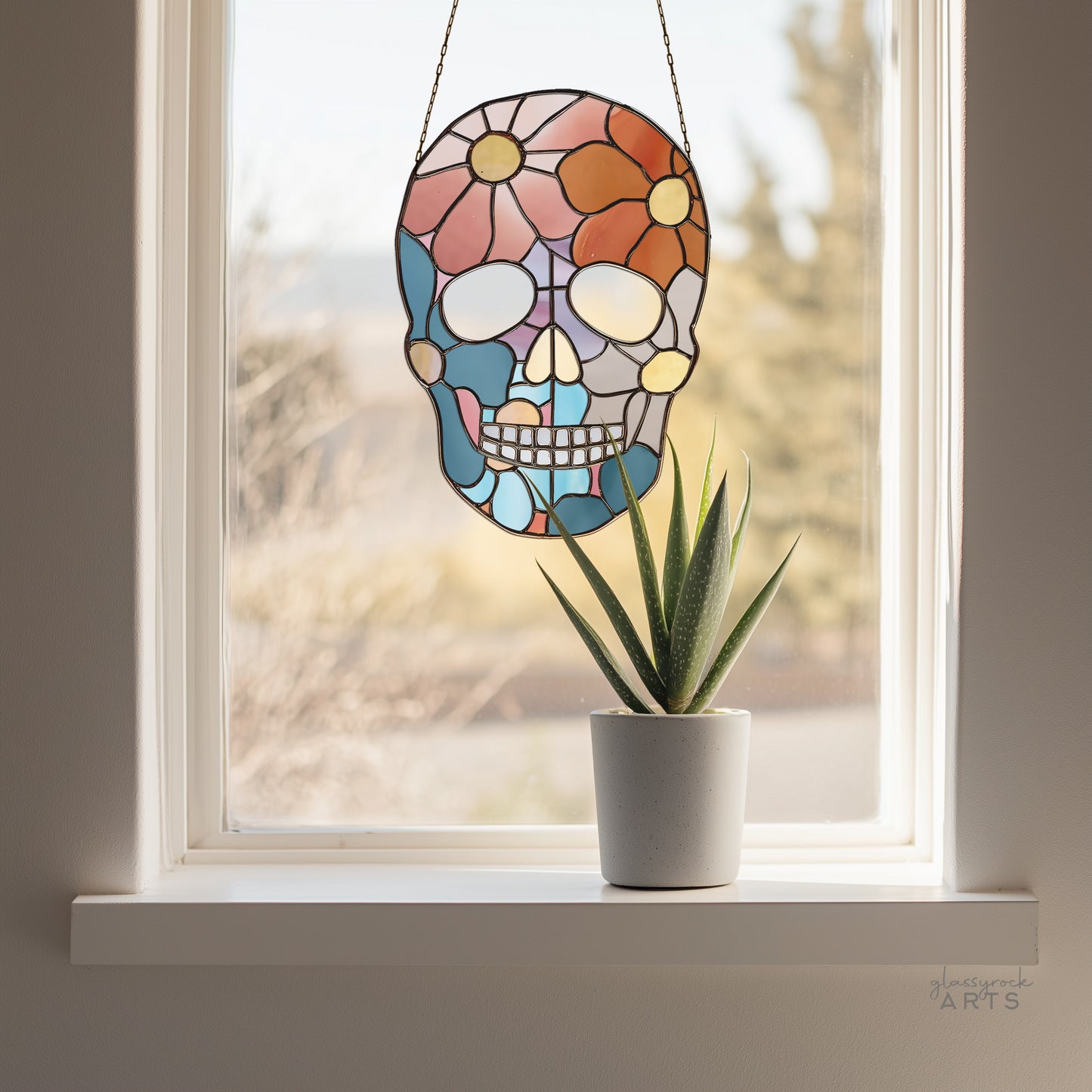 Flower Skull Stained Glass Pattern and PNG
