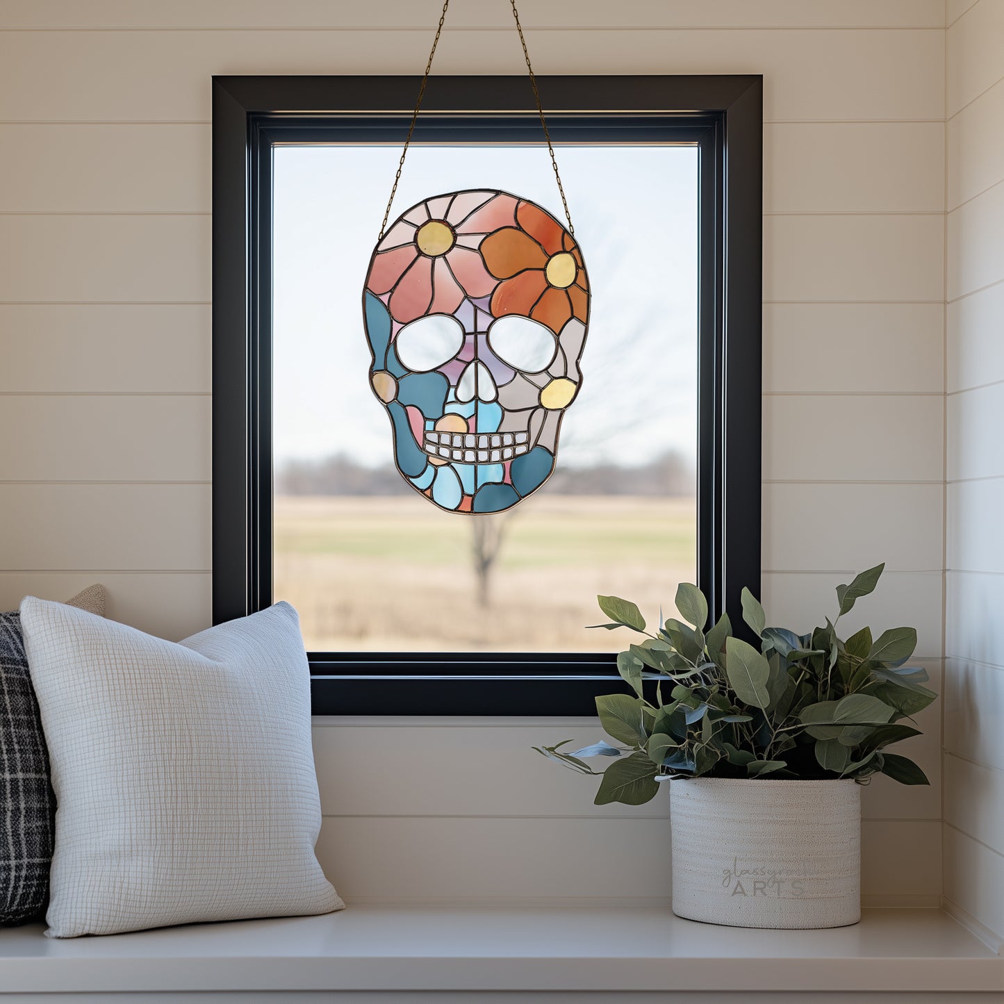 Flower Skull Stained Glass Pattern and PNG