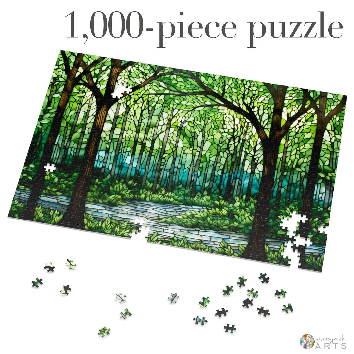 The partially completed Stained Glass Forest Jigsaw Puzzle reveals a serene scene with green trees and a shimmering river. Scattered pieces invite hands to complete this 1,000-piece masterpiece, making it an ideal gift for nature enthusiasts.