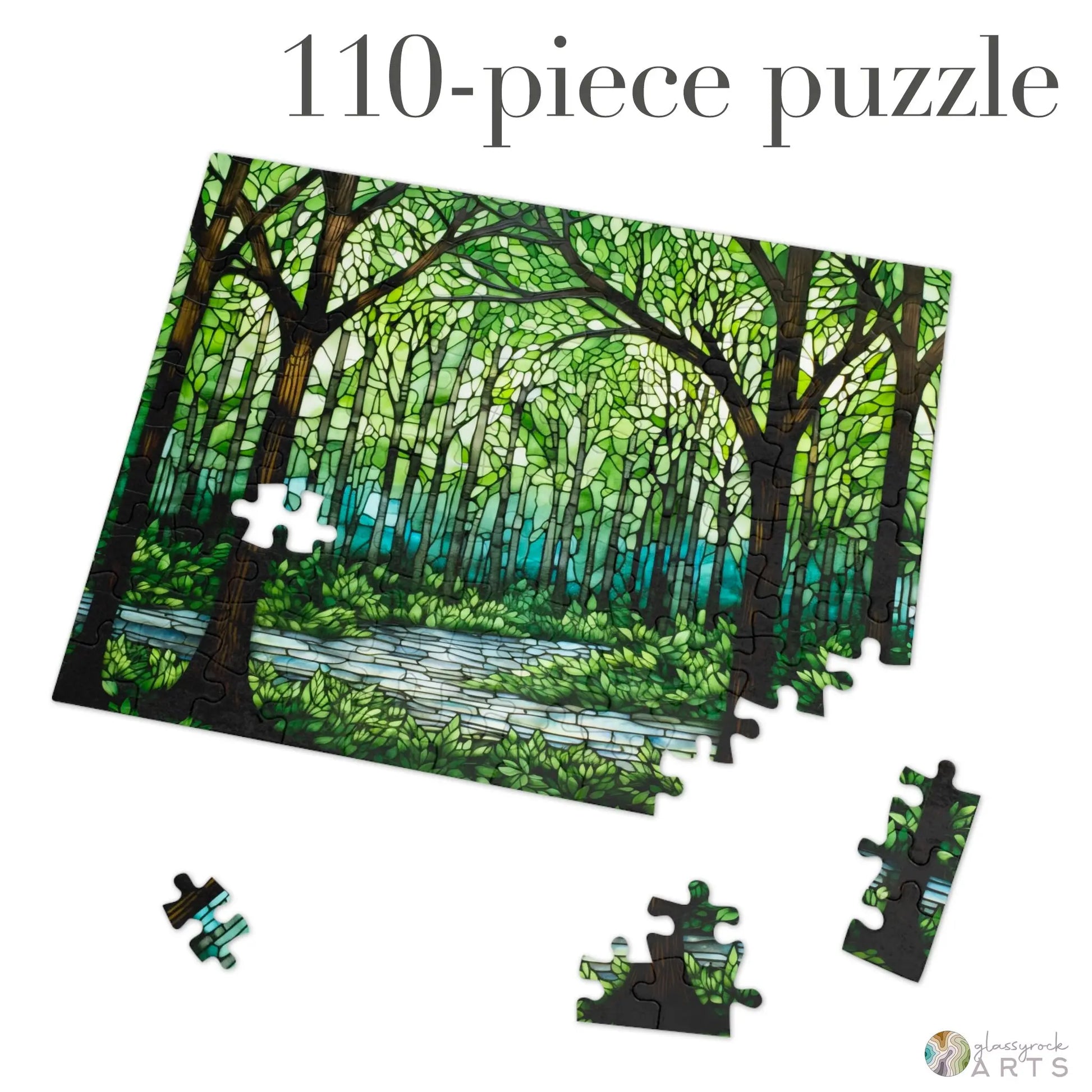 A partially completed Stained Glass Forest Jigsaw Puzzle, featuring a 110-piece lush forest scene with a pathway, has several detached pieces placed nearby. The logo disneyphile ARTS suggests its an ideal gift for nature lovers and custom print enthusiasts.