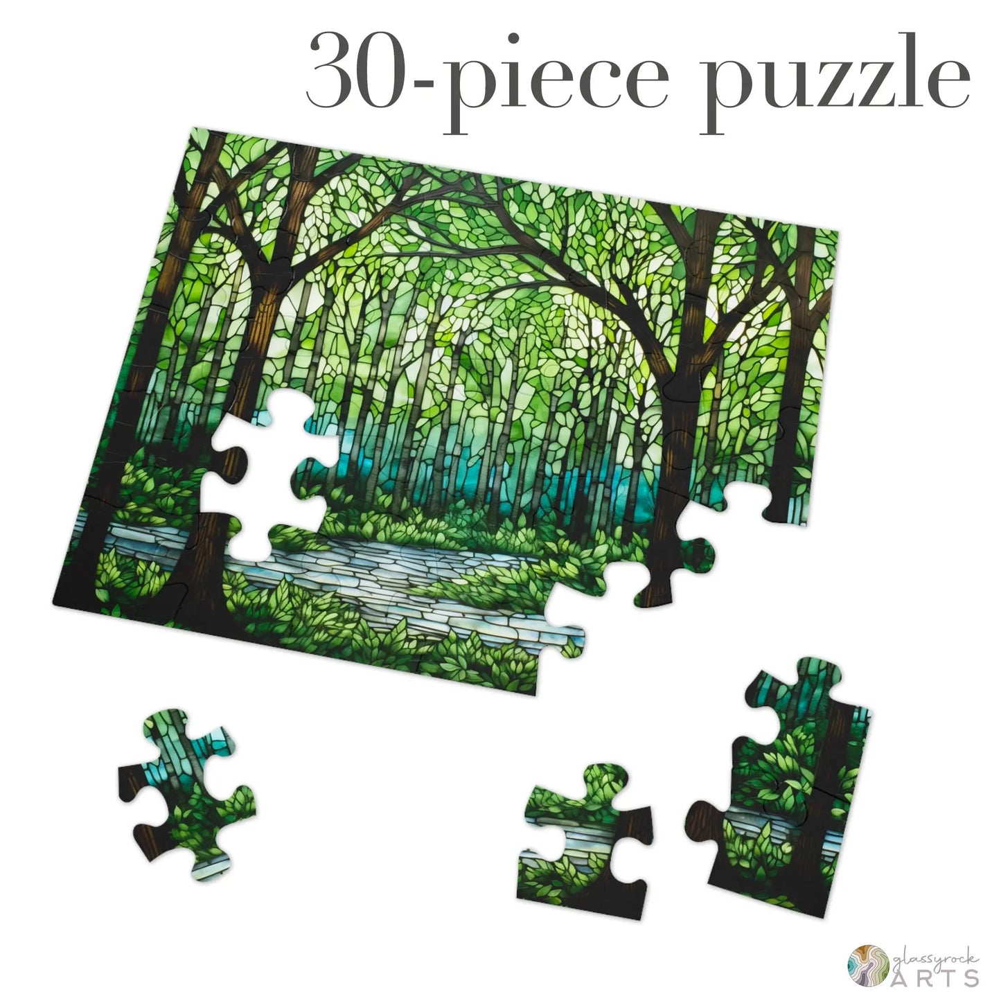 The Stained Glass Forest Jigsaw Puzzle, a 30-piece set, features a serene forest scene with green trees and a meandering river. Four pieces lie scattered, inviting you to finish the tranquil image.