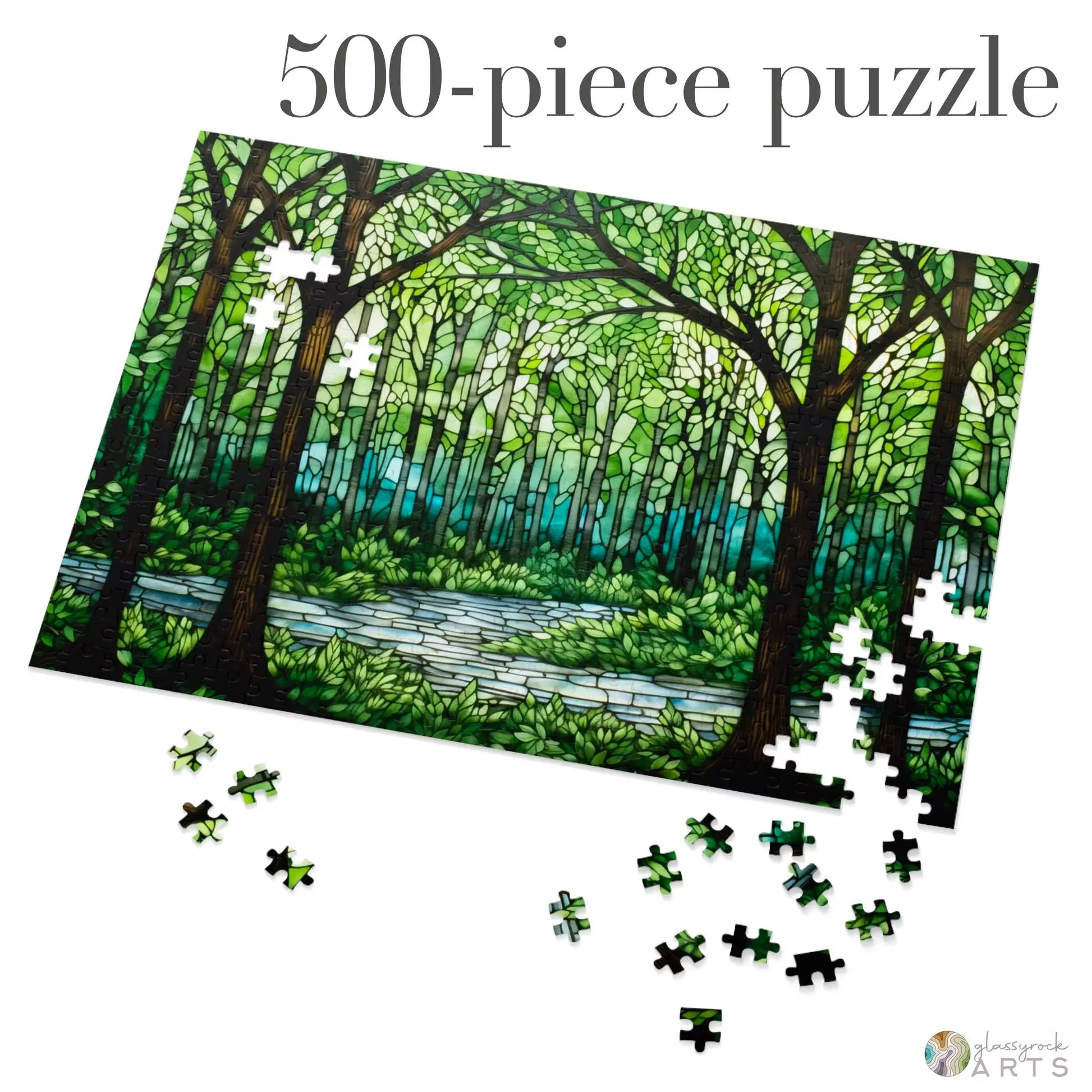 The partially completed Stained Glass Forest Jigsaw Puzzle, a 500-piece set depicting a vibrant forest scene with tall trees and a path, has several pieces scattered around. 500-piece puzzle is displayed at the top, making it an ideal gift for nature enthusiasts.