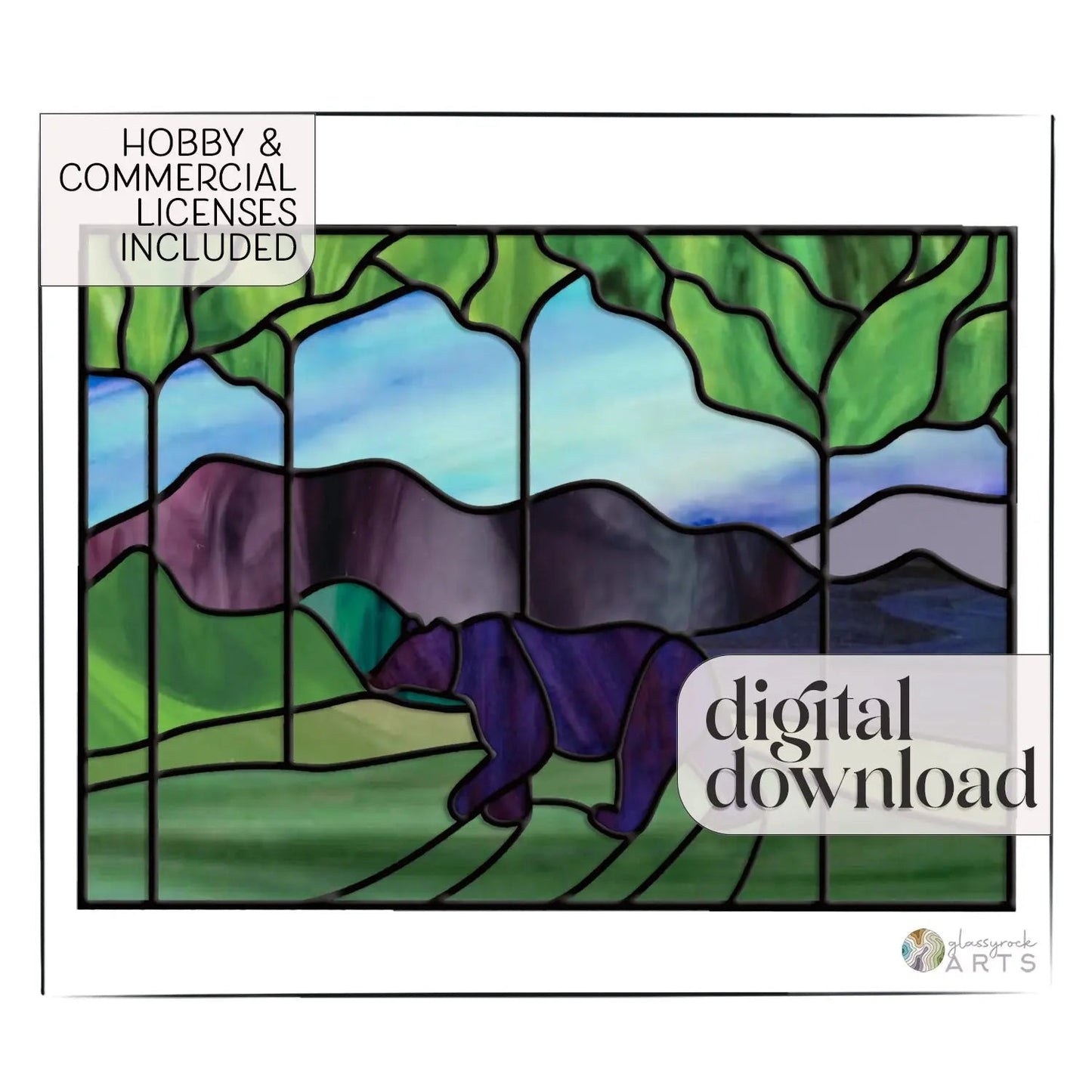 The Forest Bear Stained Glass Panel Pattern is a digital download that features a DIY design of a bear walking through a forest with lush trees and rolling hills. Text reads Hobby & Commercial Licenses Included. Ideal for crafting your own stained glass masterpiece.