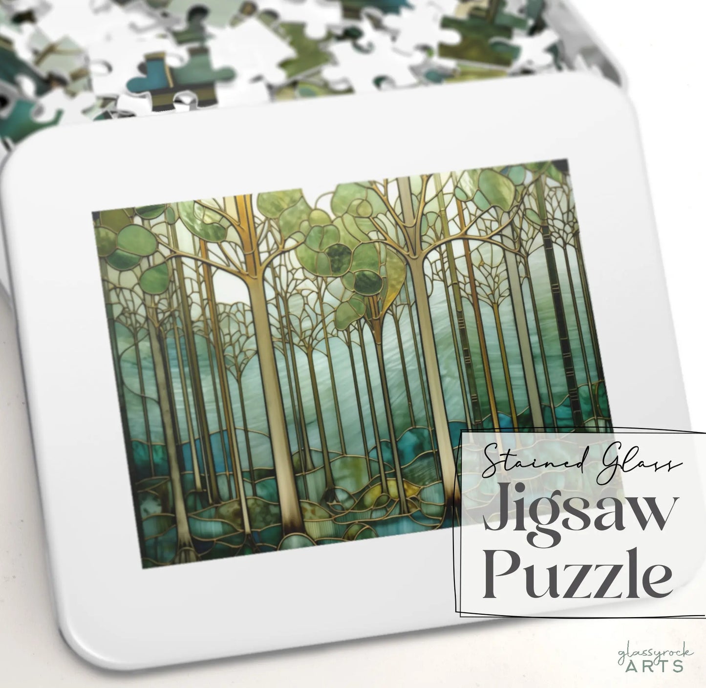 A picture of the Stained Glass Forest Jigsaw Puzzle, Green and Blue from GlassyRock Arts.