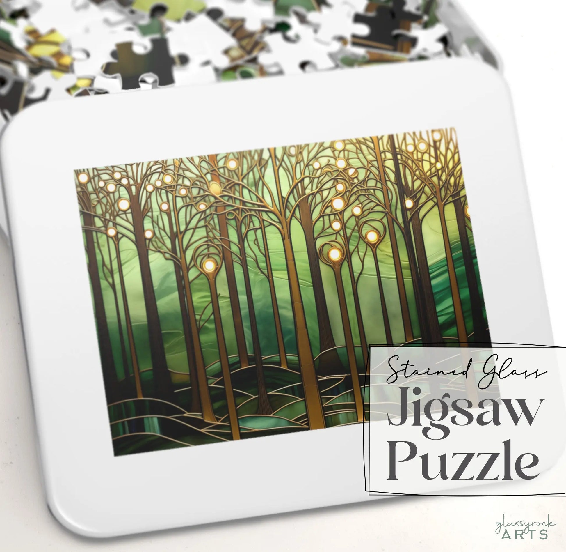 A picture of the Stained Glass Forest Jigsaw Puzzle, Gold and Green from GlassyRock Arts.