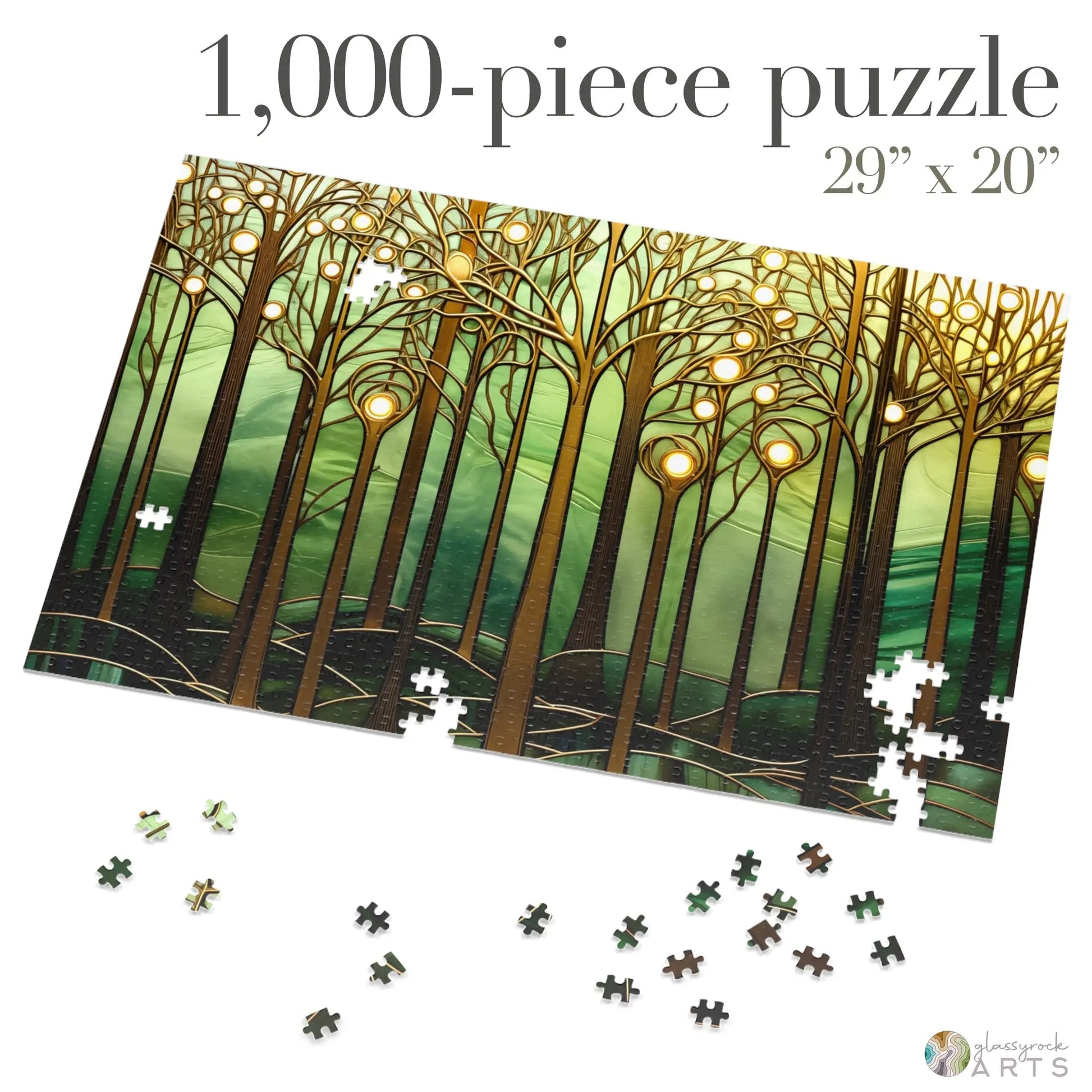 A picture of the Stained Glass Forest Jigsaw Puzzle, Gold and Green from GlassyRock Arts.
