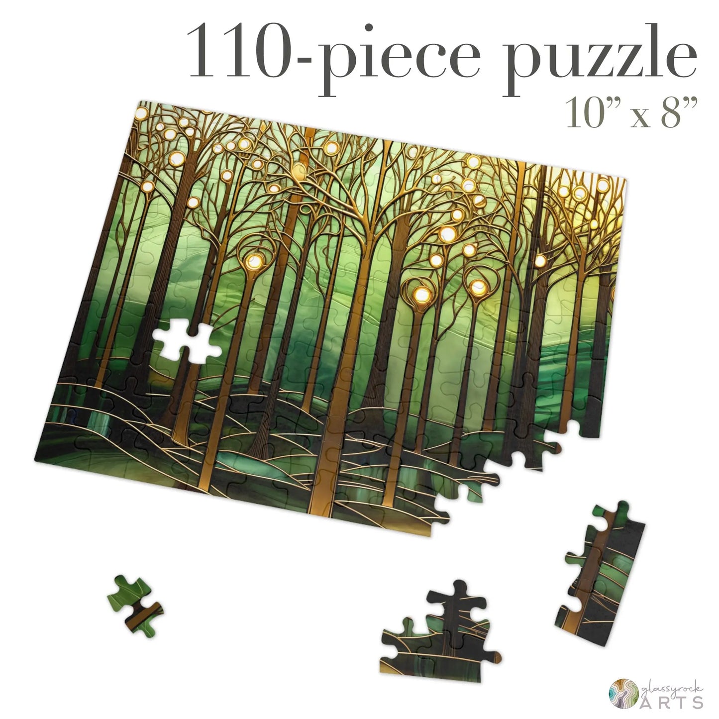 A picture of the Stained Glass Forest Jigsaw Puzzle, Gold and Green from GlassyRock Arts.