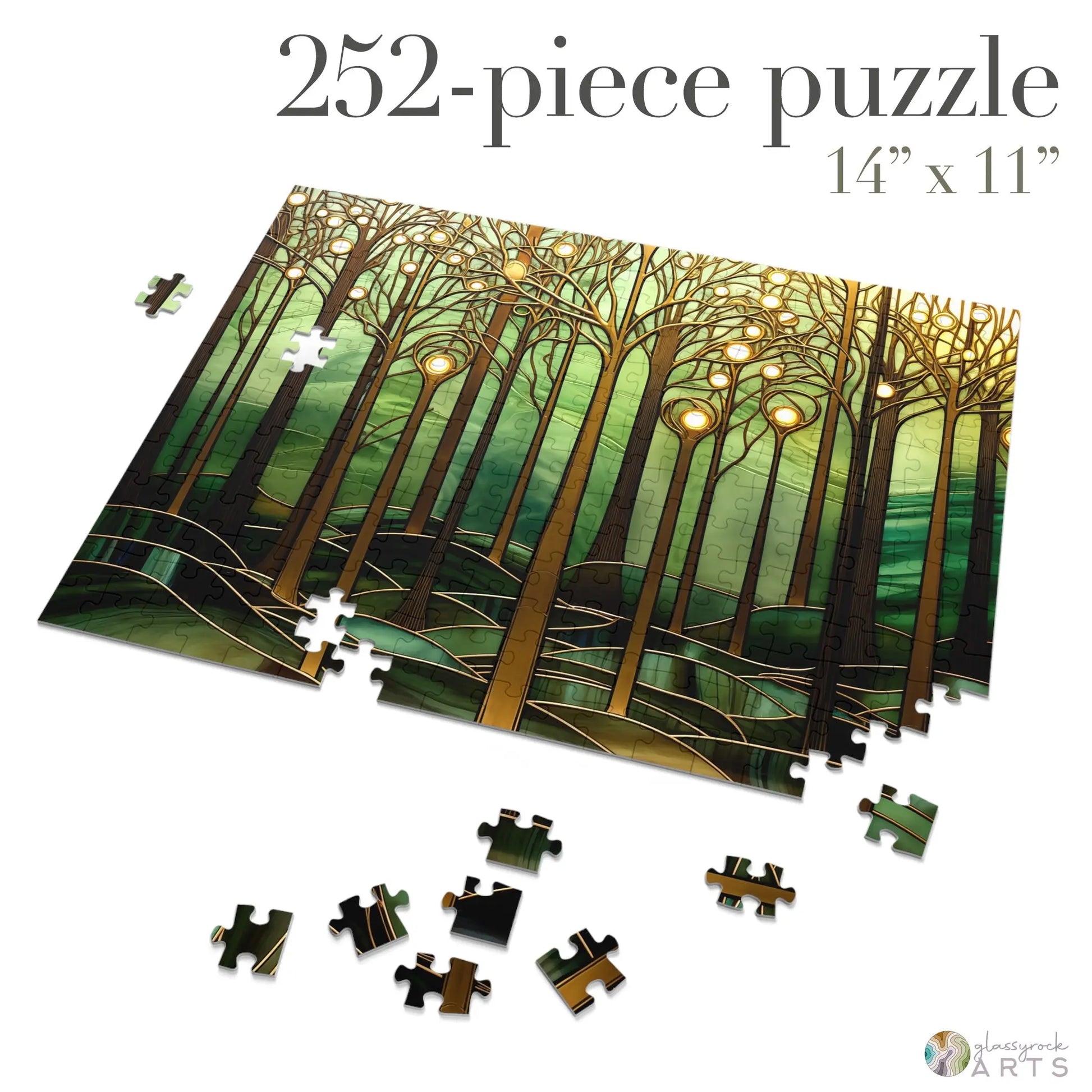 A picture of the Stained Glass Forest Jigsaw Puzzle, Gold and Green from GlassyRock Arts.