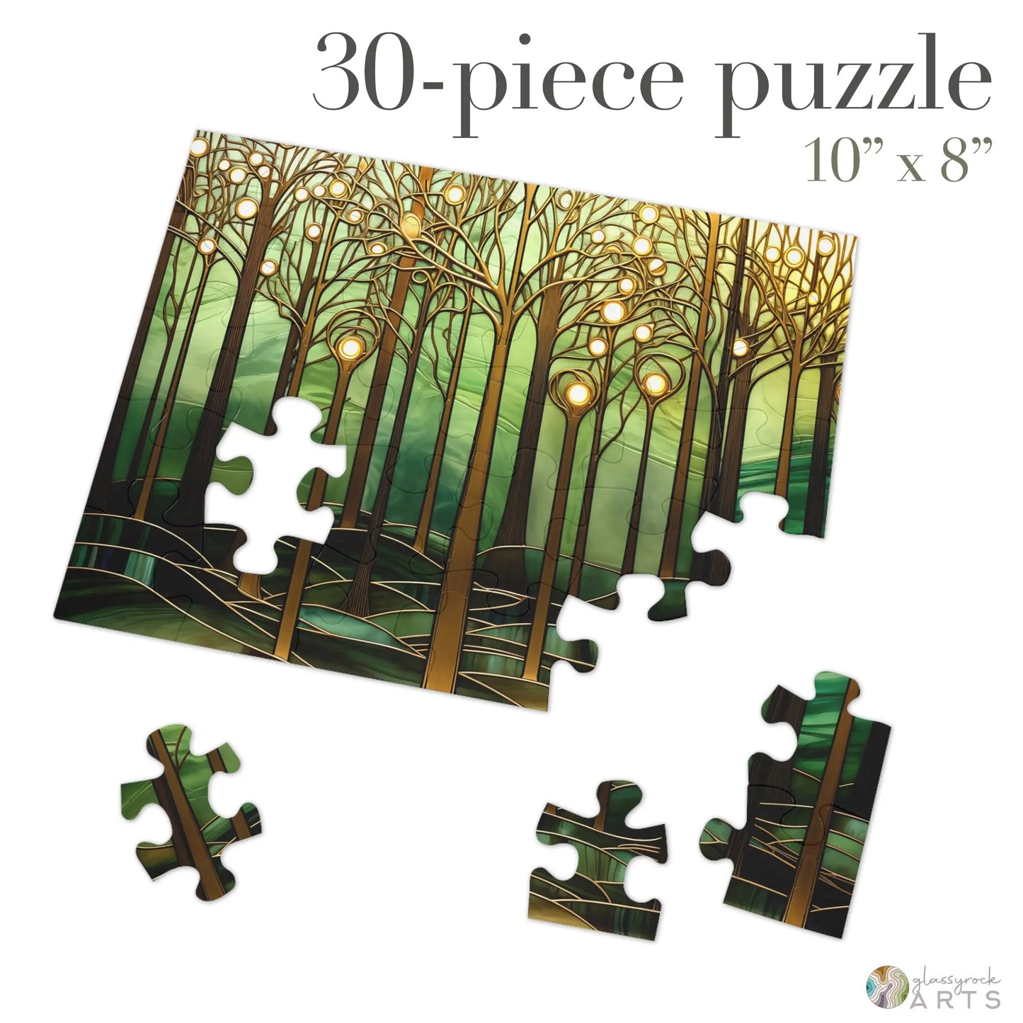 A picture of the Stained Glass Forest Jigsaw Puzzle, Gold and Green from GlassyRock Arts.