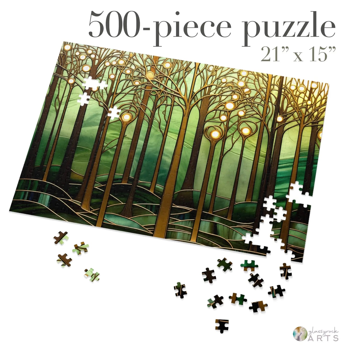 A picture of the Stained Glass Forest Jigsaw Puzzle, Gold and Green from GlassyRock Arts.