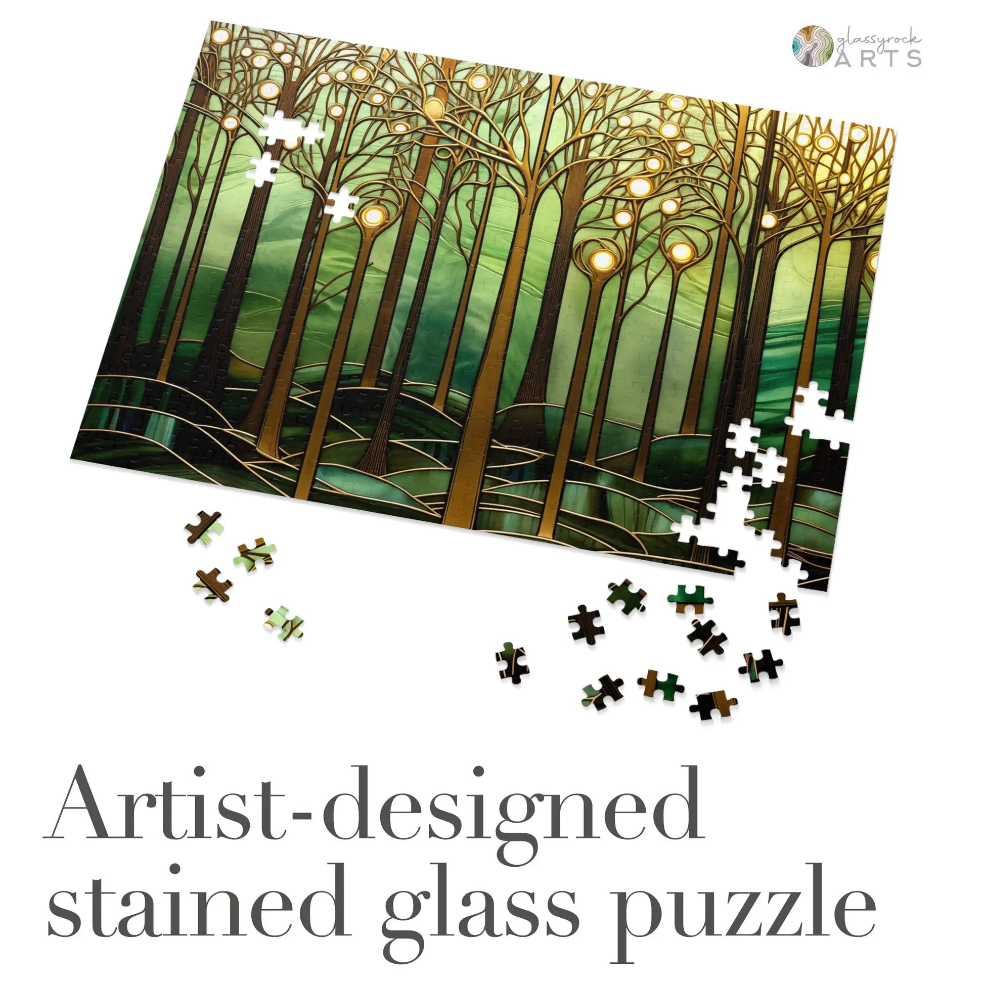 A picture of the Stained Glass Forest Jigsaw Puzzle, Gold and Green from GlassyRock Arts.