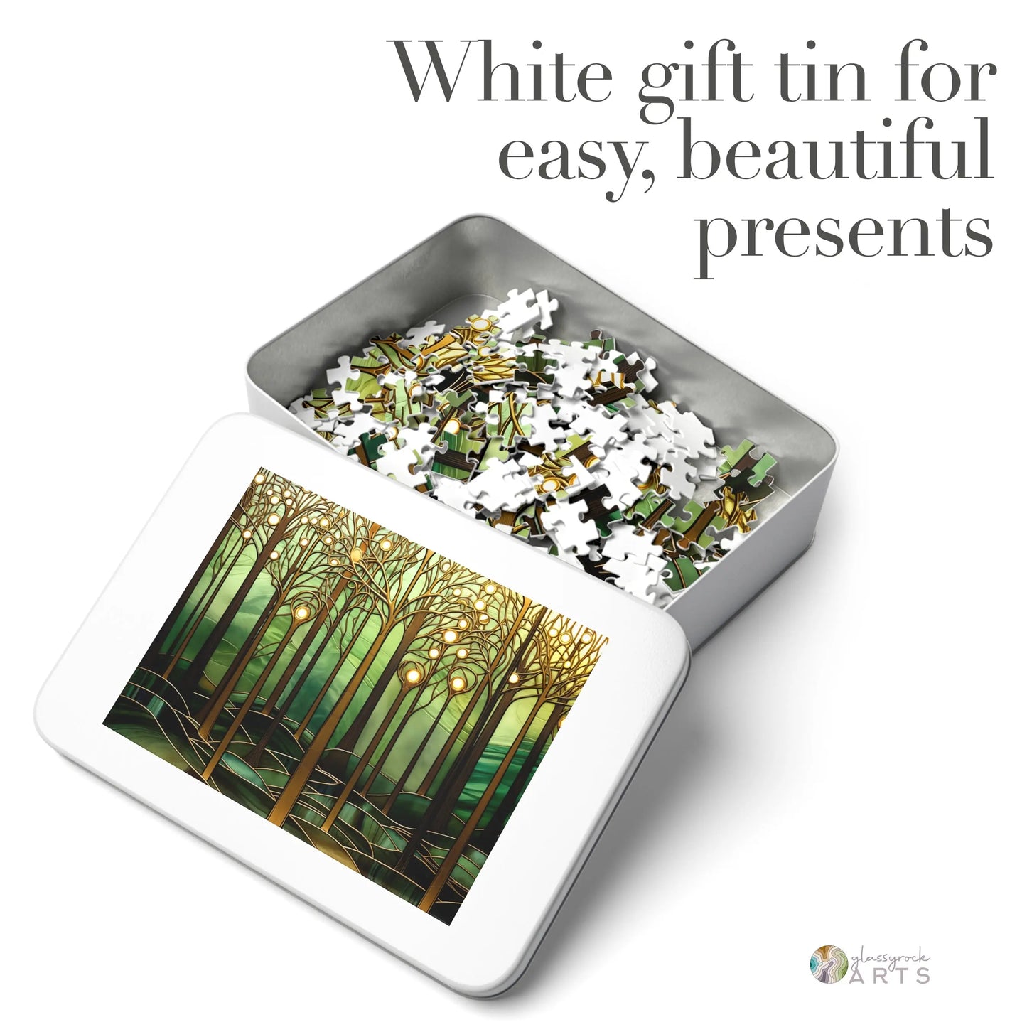 A picture of the Stained Glass Forest Jigsaw Puzzle, Gold and Green from GlassyRock Arts.