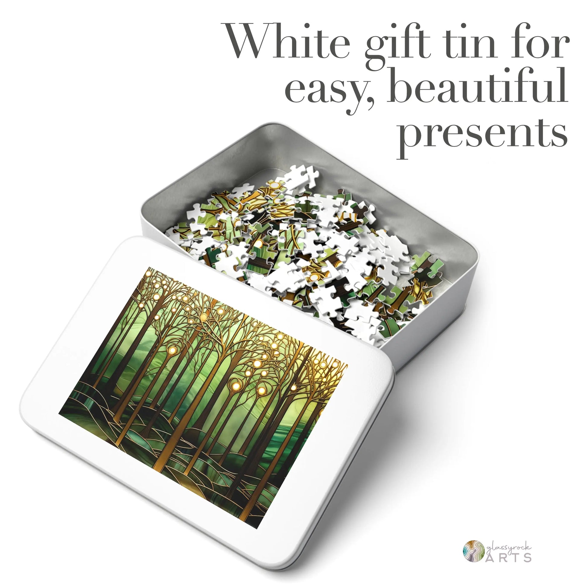 A picture of the Stained Glass Forest Jigsaw Puzzle, Gold and Green from GlassyRock Arts.