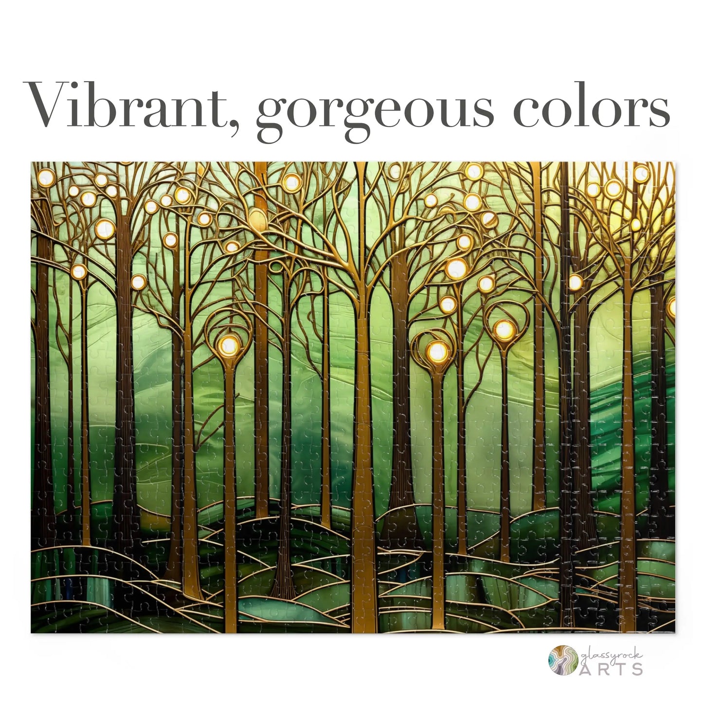 A picture of the Stained Glass Forest Jigsaw Puzzle, Gold and Green from GlassyRock Arts.