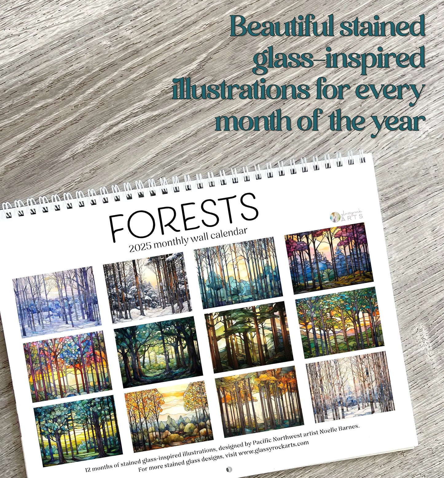 The 2025 Forests Stained Glass Wall Calendar features spiral binding and stunning stained glass-inspired tree illustrations, making it a beautiful addition to any space.