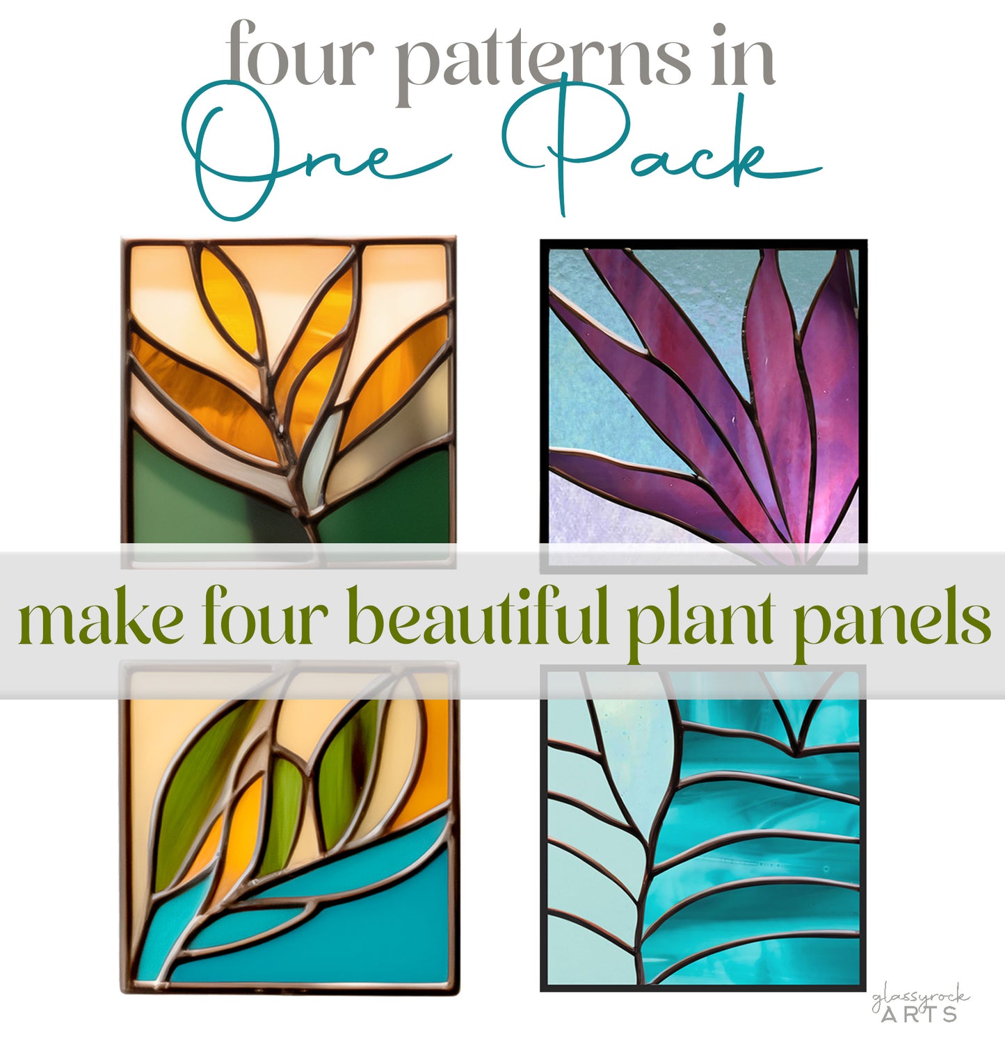 Modern Leaves Stained Glass Plant Pattern 4-Pack - Crafting Patterns & Molds, from GlassyRock Arts