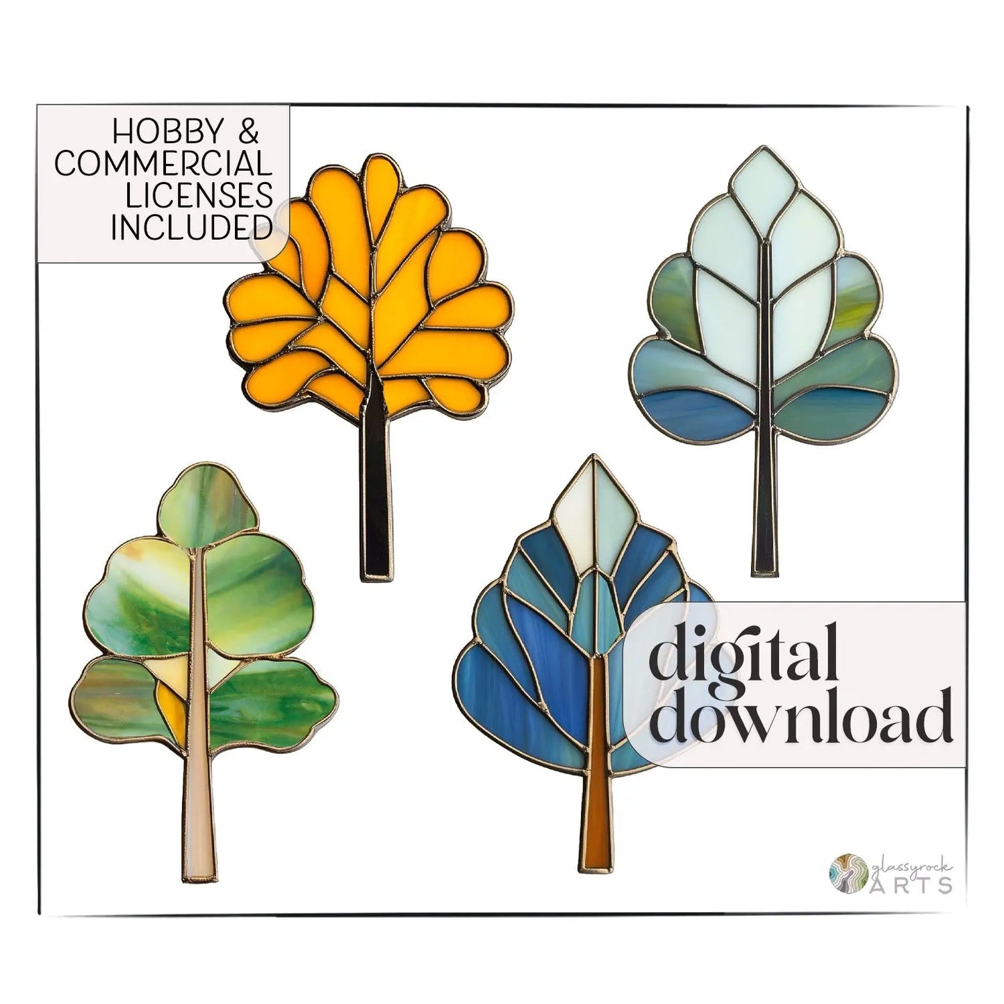 Art Deco Trees Stained Glass Patterns, Pack of 4