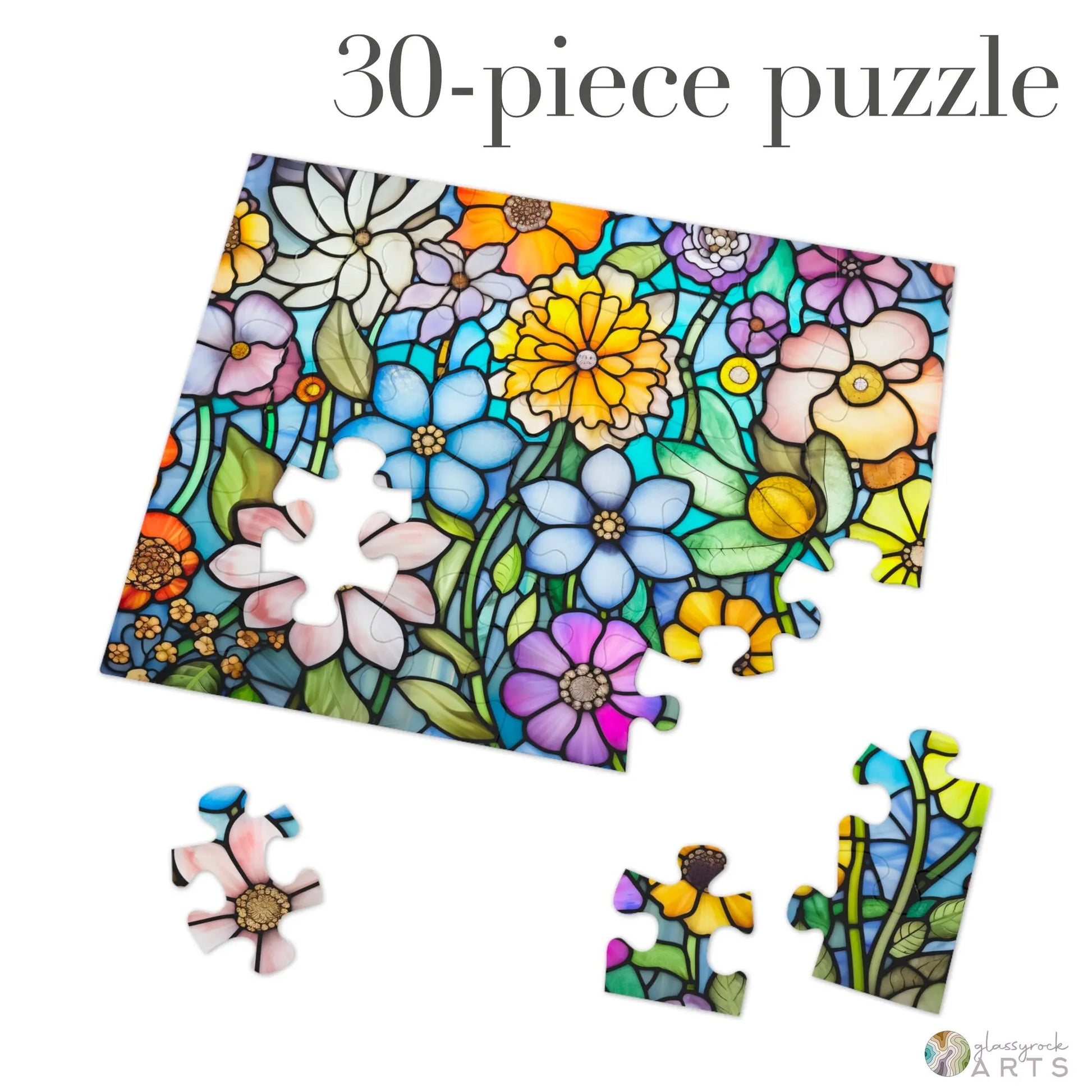 The Stained Glass Flower Garden Jigsaw Puzzle has 30 high-quality chipboard pieces, showcasing a vibrant floral design with colorful flowers and leaves. Three pieces are detached. The top text reads 30-piece puzzle, making it an ideal gift for any puzzle enthusiast.