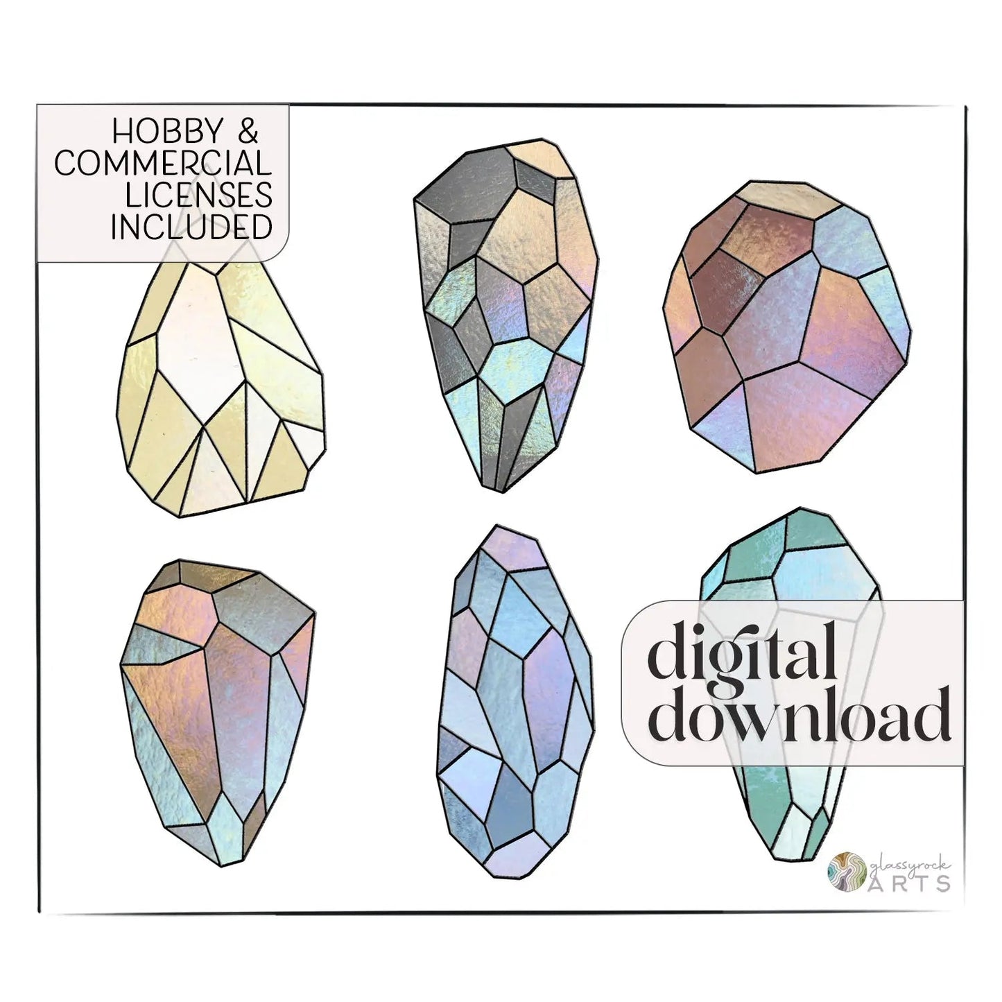 The Easy Stained Glass Gems Patterns, 6-Pack features six abstract, iridescent gem designs arranged in two rows of three with text stating Hobby & Commercial Licenses Included and digital download.