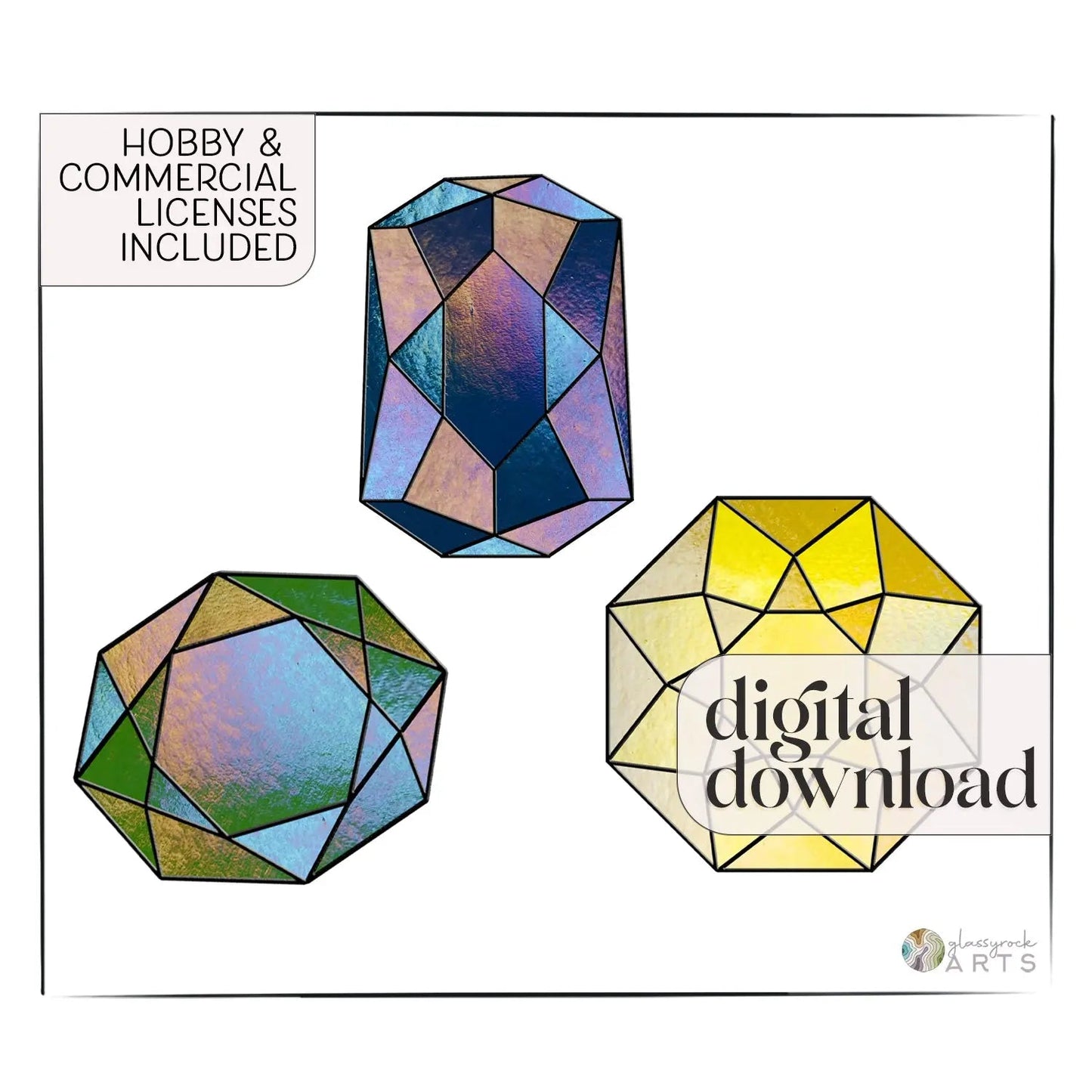 The Faceted Gems Stained Glass Patterns, 3-Pack features illustrations of a blue and purple octagon, a green and purple hexagon, and a yellow pentagon resembling stained glass. It includes iridescent hues with Hobby & Commercial Licenses Included and is available for digital download.