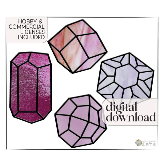 Four beginner stained glass gem patterns: magenta oval, pink/orange cube, light lavender octagon, translucent hexagon. Hobby & Commercial Licenses Included, highlighting user-friendly digital designs for glass enthusiasts. Digital Download.