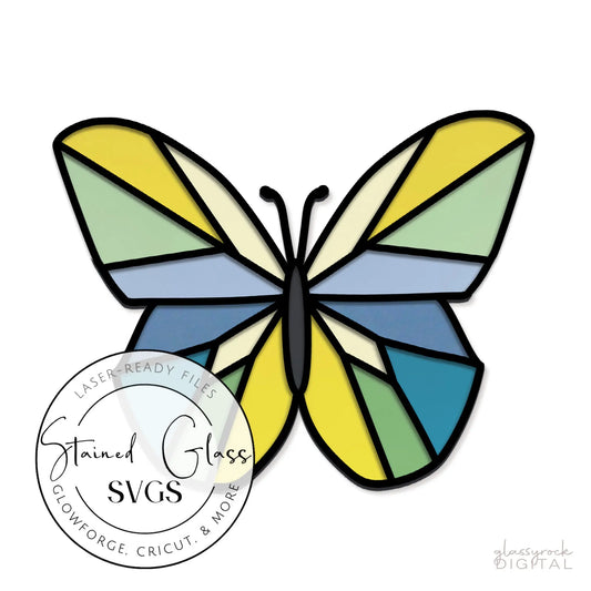 Illustration of a stained glass butterfly featuring yellow, blue, and green sections. A circle label on the left reads, Stained Glass Geometric Butterfly SVGs, Laser-Ready Files for Laser Cut. Branding in the bottom right corner.