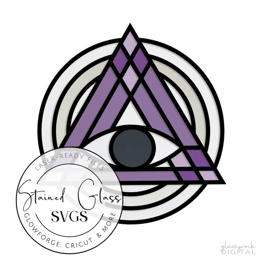A geometric design showcases an abstract eye in a purple and white triangular pattern, resembling faux stained glass. The text says Stained Glass Evil Eye Suncatcher SVGs with Laser-ready files for Glowforge, Cricut, & more, and “glassrock digital” in the corner.