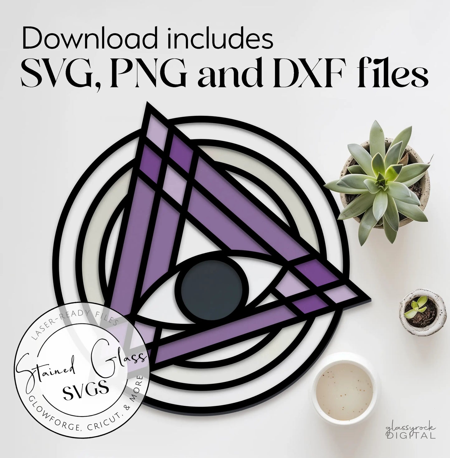 This geometric stained glass design, ideal for a laser cut, showcases the Stained Glass Evil Eye Suncatcher SVGs, with a purple triangle and black circle at the center encircled by rings. Two small potted plants add charm. Your download includes SVG, PNG, and DXF files.