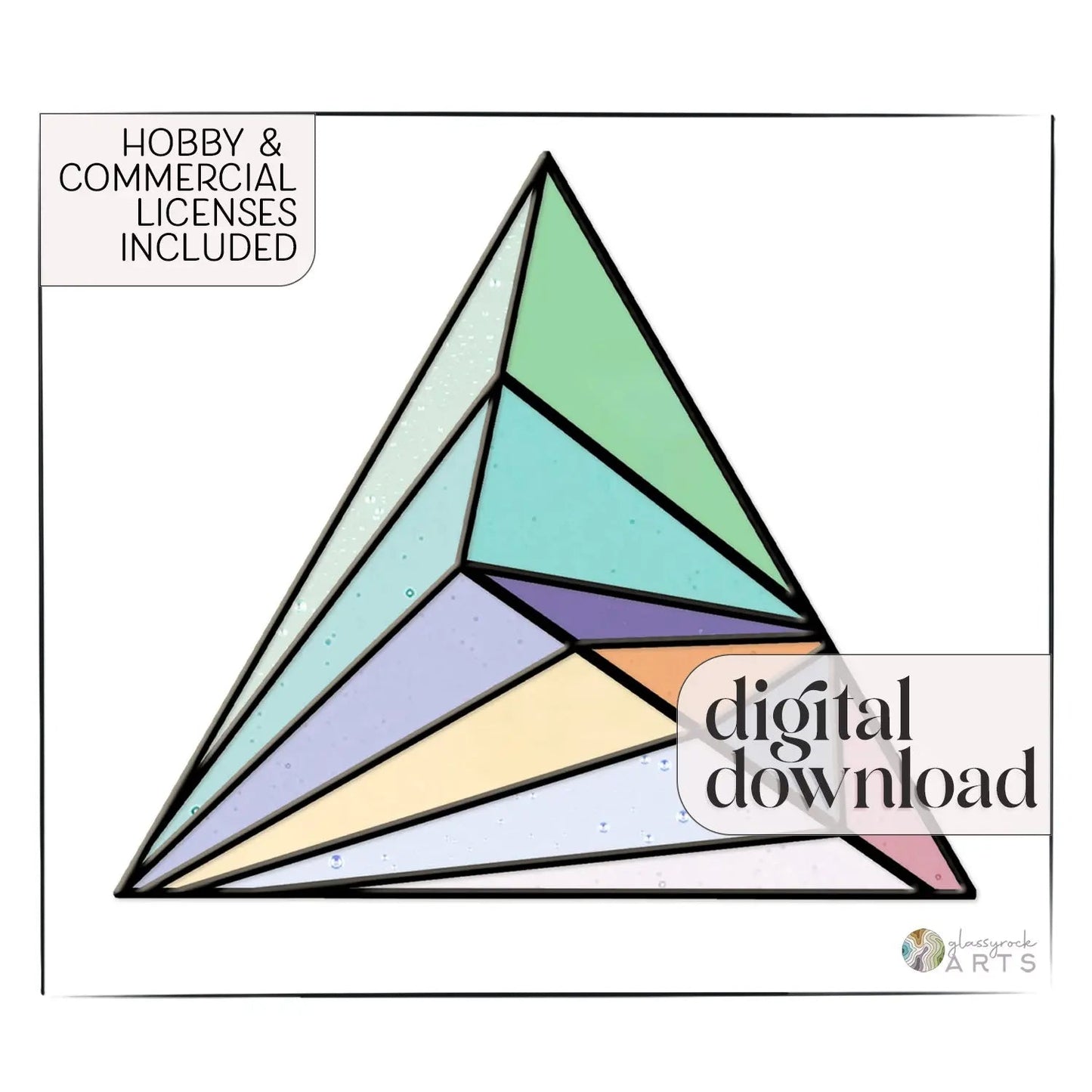 The Geometric Triangle Stained Glass Pattern features a pastel-colored pyramid illustration with sections in blue, green, purple, yellow, and pink. It includes text reading Hobby & Commercial Licenses Included, highlighting the digital pattern download ideal for beginners and seasoned creators alike.